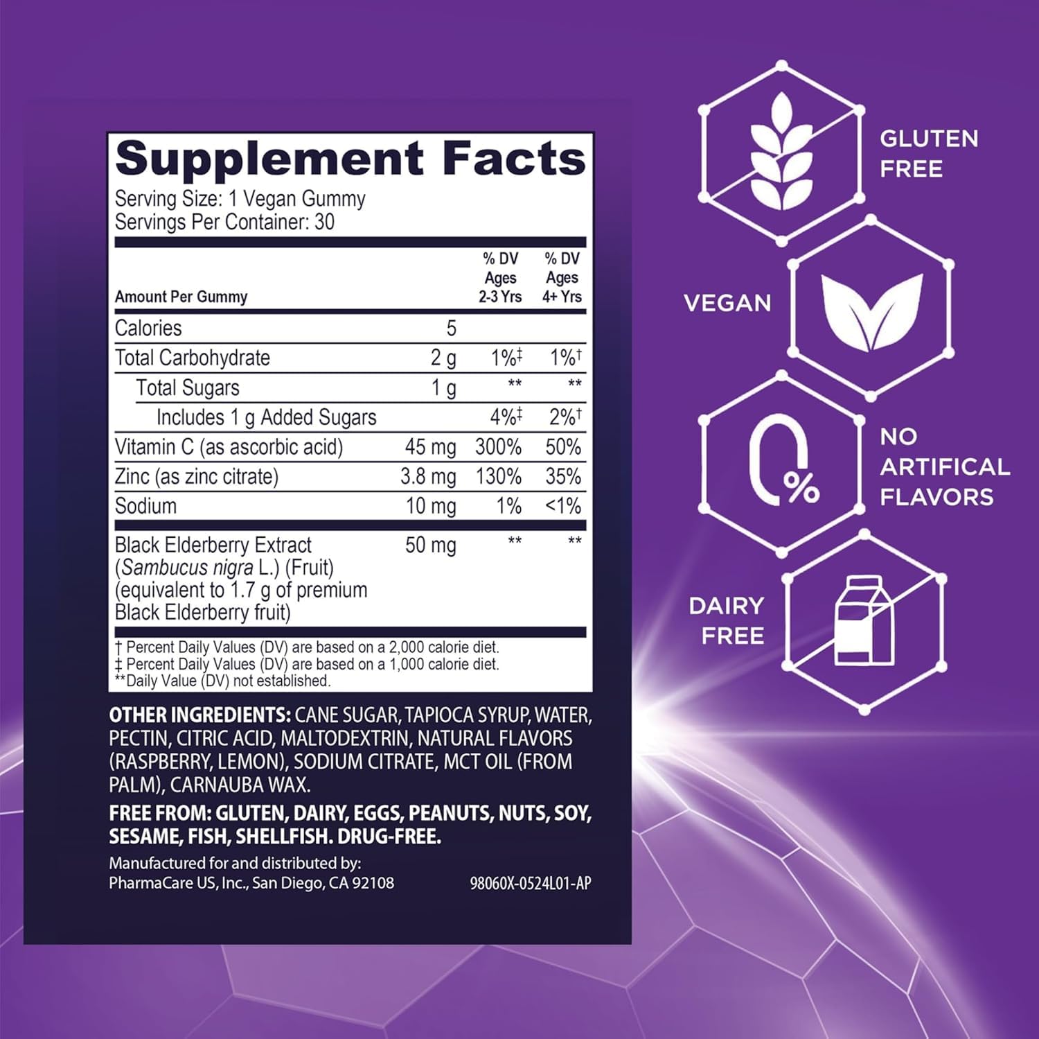 Primer plano de zinc y vitamina C en la fórmula Sambucol.