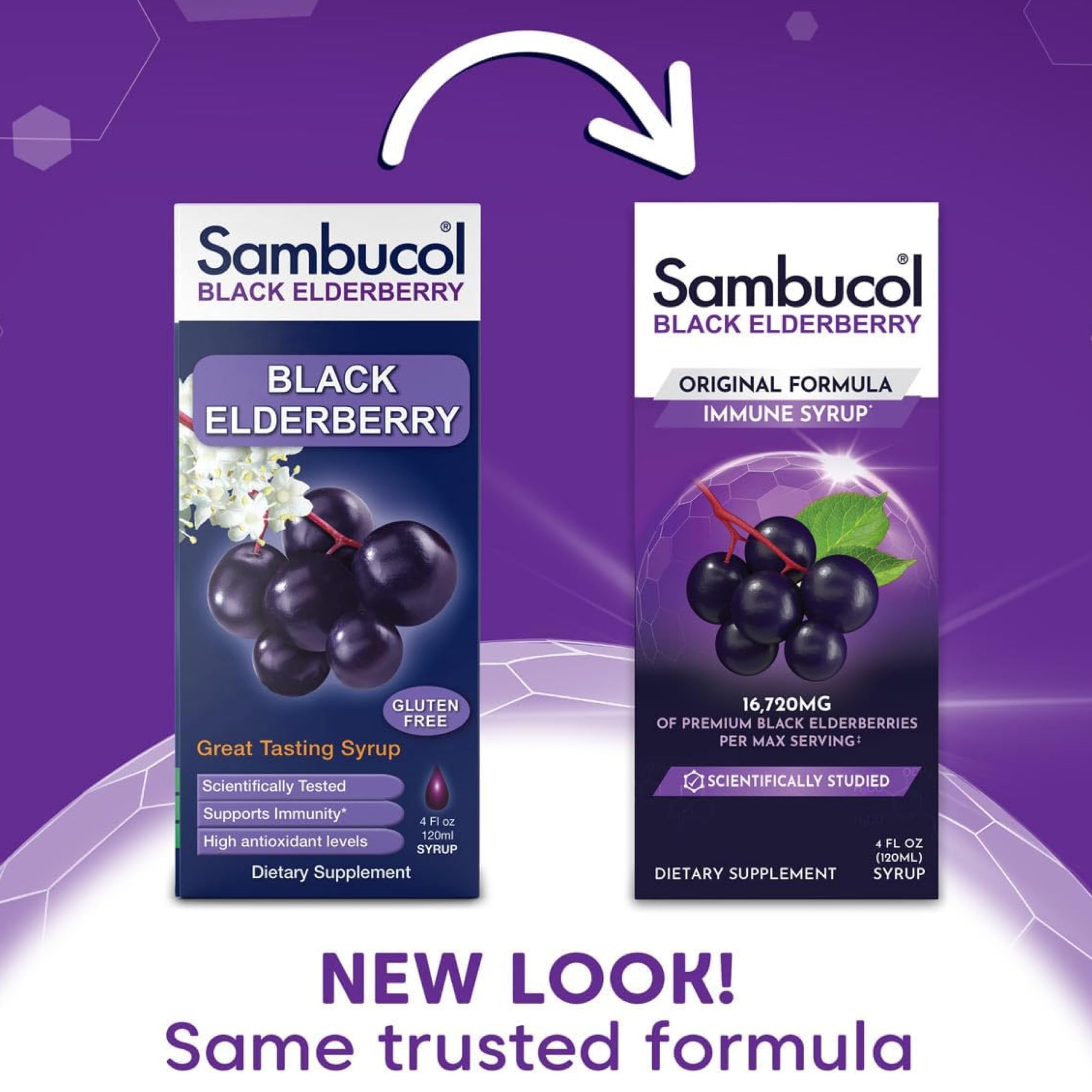 Sambucol jarabe de sauco negro, etiqueta muestra ingredientes y antioxidantes.