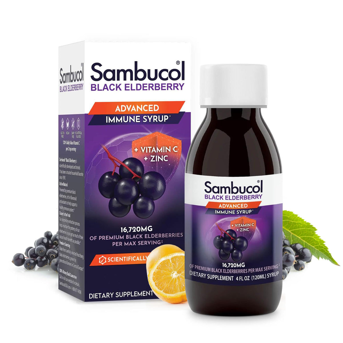 Sambucol jarabe de saúco negro en botella, apoyo inmunológico diario para adultos.