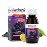 Sambucol jarabe de saúco negro en botella, apoyo inmunológico diario para adultos.