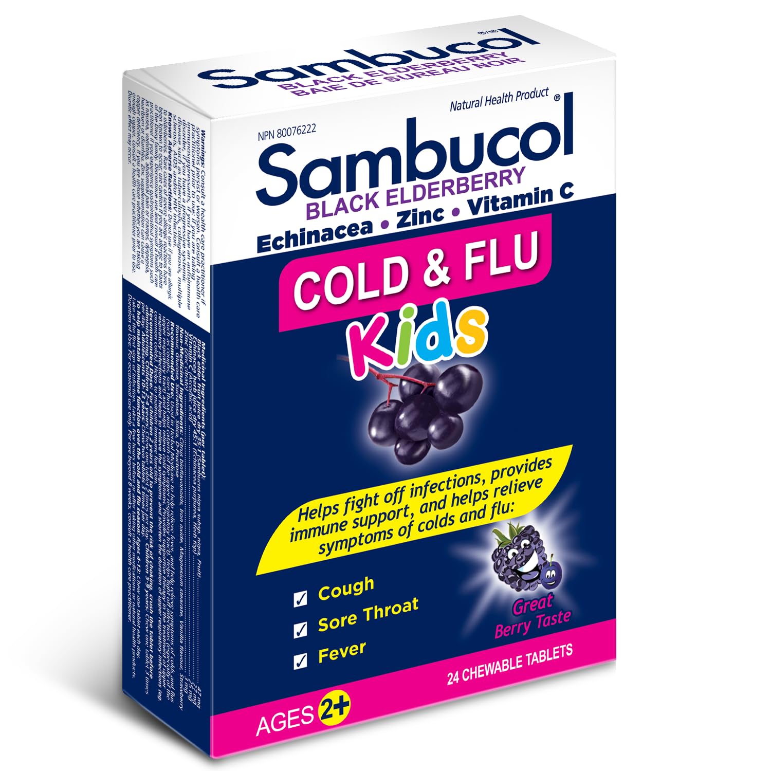 Sambucol Niños Chupables sabor frutos rojos, chupa agradable para la rutina diaria.
