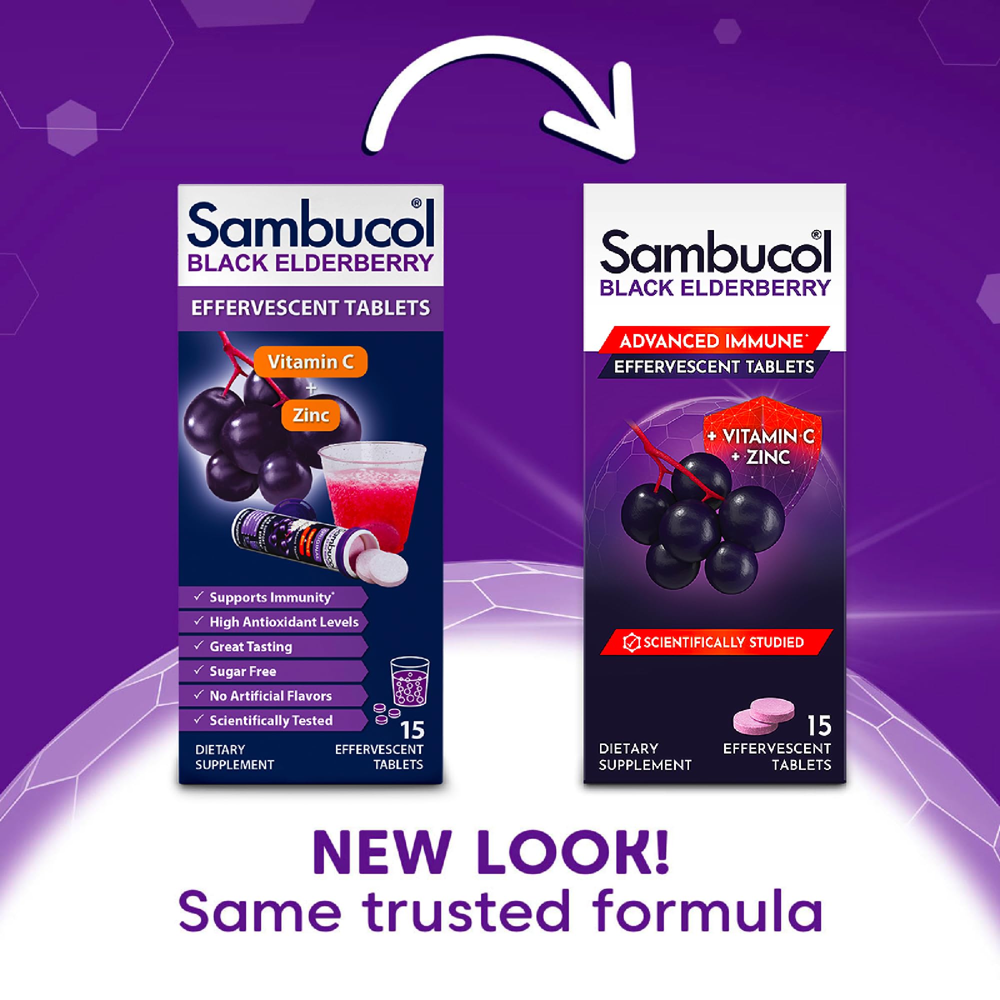 Tabletas efervescentes Sambucol con zinc y vitamina C para adultos.