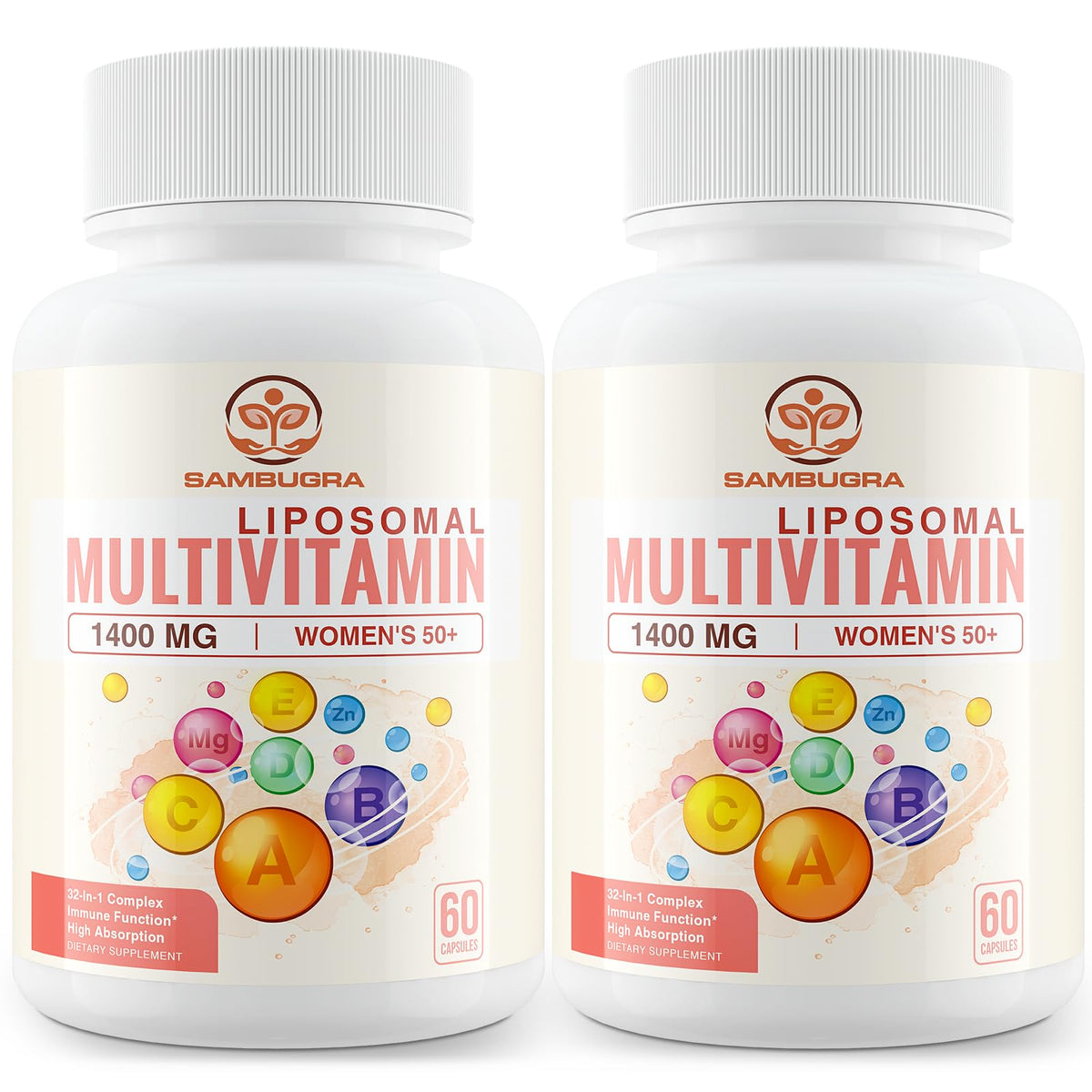 Botella de Sambugra multivitamínico liposómico para mujer 50+: consumo diario fácil.