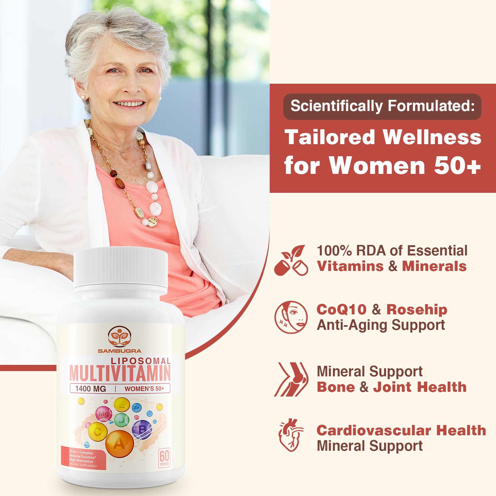Cápsulas Sambugra multivitamínico liposómico para mujer 50+: absorción potencialmente mayor.