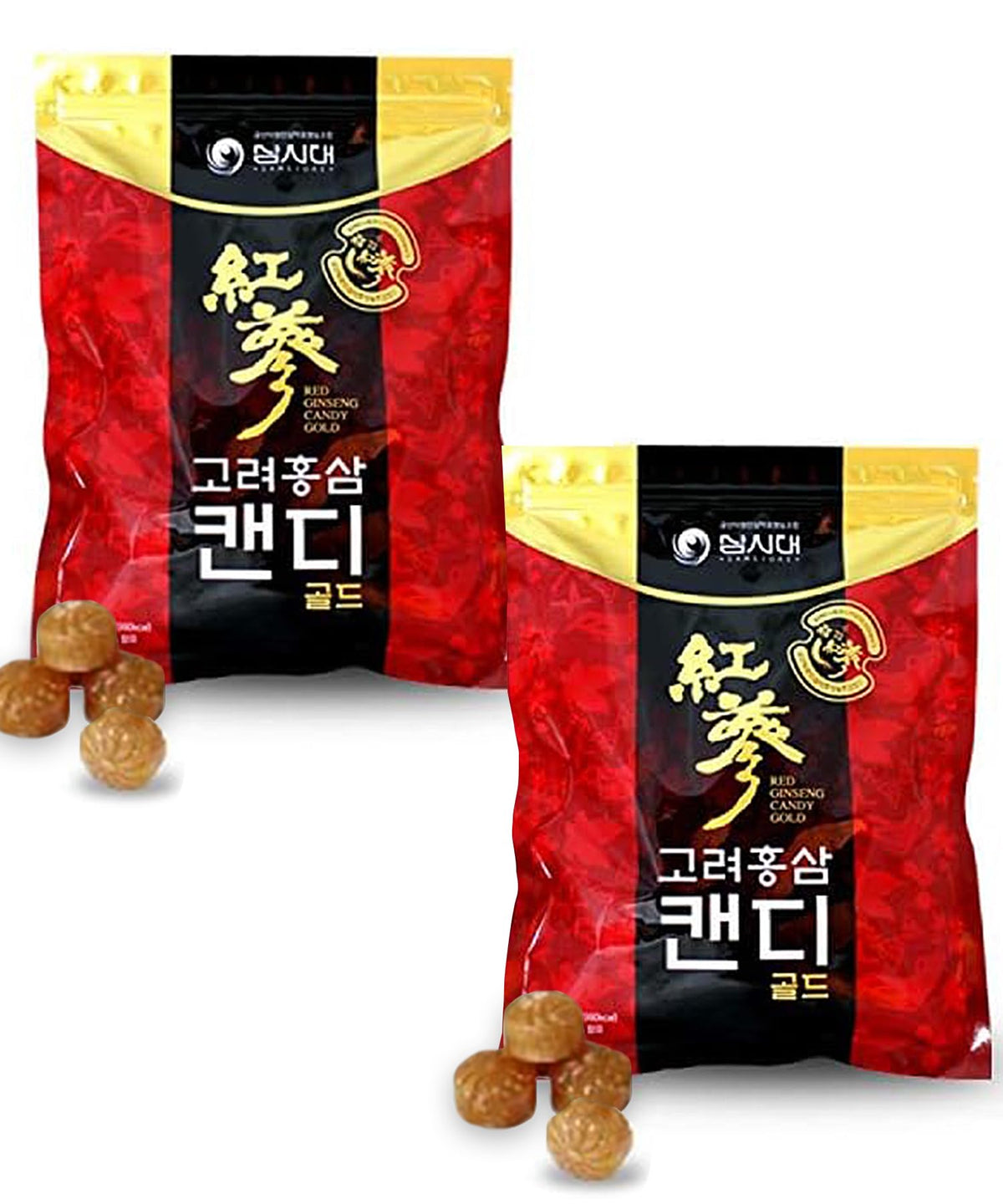SAMSIDAE caramelos ginseng rojo coreano dorado, empaque visible, sabor intenso y energía suave.