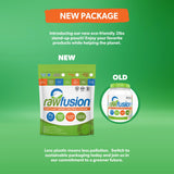 SAN Rawfusion proteina vegetal vainilla, textura cremosa; mezcla fácil en bebidas veganas.