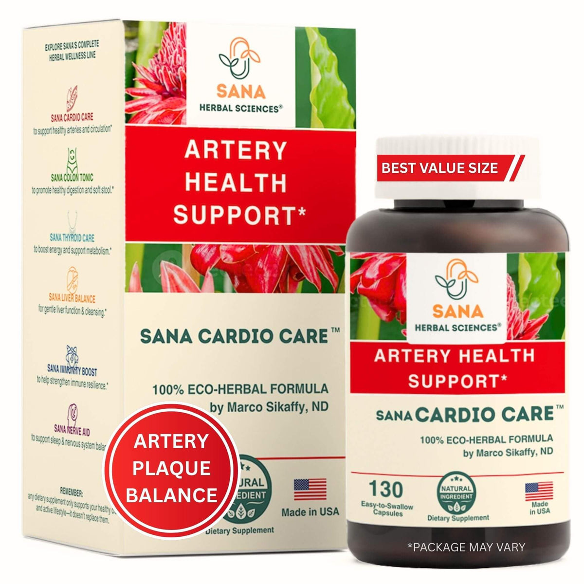 Sana Herbal Artery Plaque Formula: botella con cápsulas para apoyo cardiovascular diario