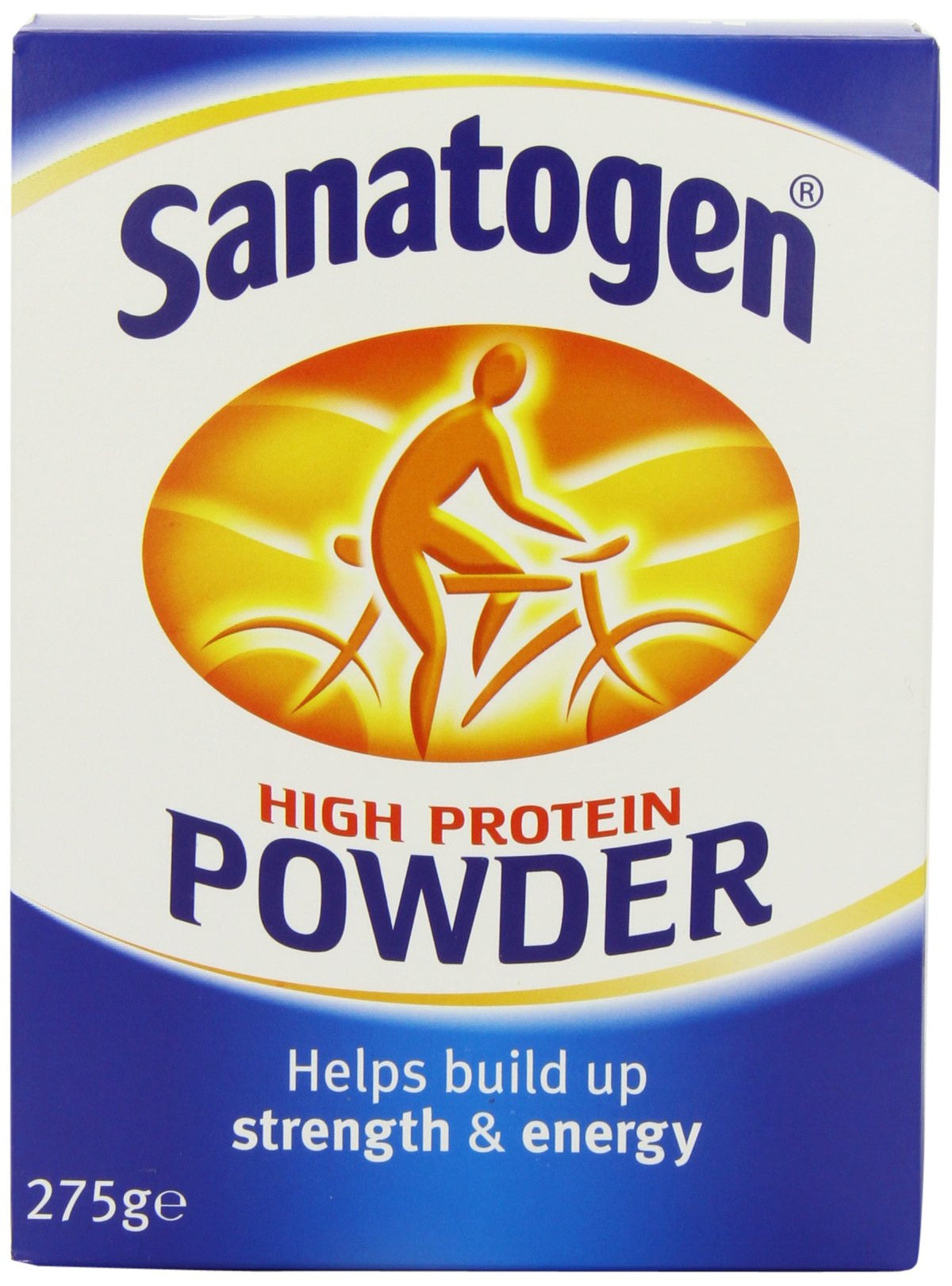 Sanatogen proteina alta polvo 275g pack con etiqueta clara para entrenamientos.