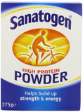 Sanatogen proteina alta polvo 275g pack con etiqueta clara para entrenamientos.