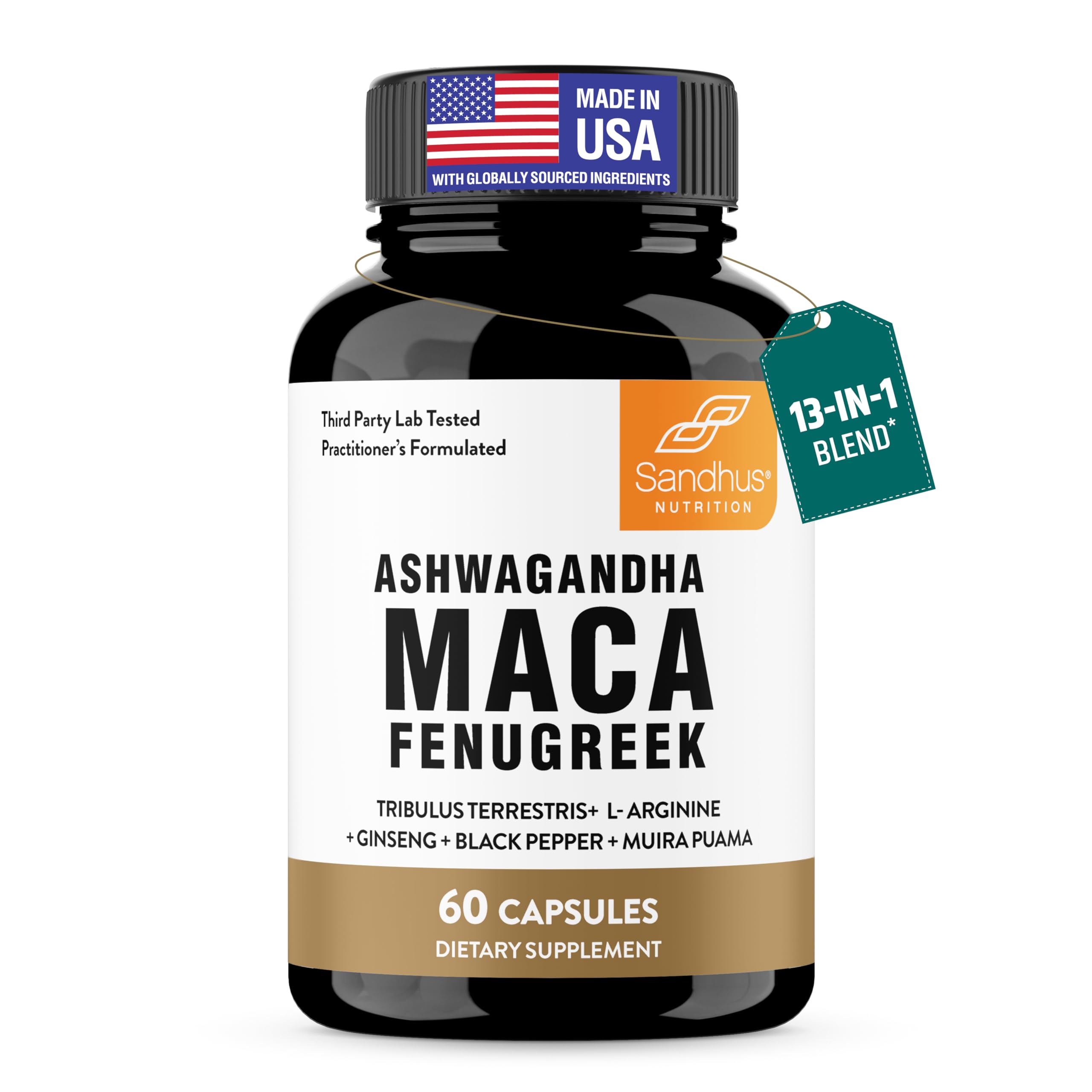 Sandhu's maca raíz en cápsulas, botella visible, apoyo al bienestar general y energía diaria