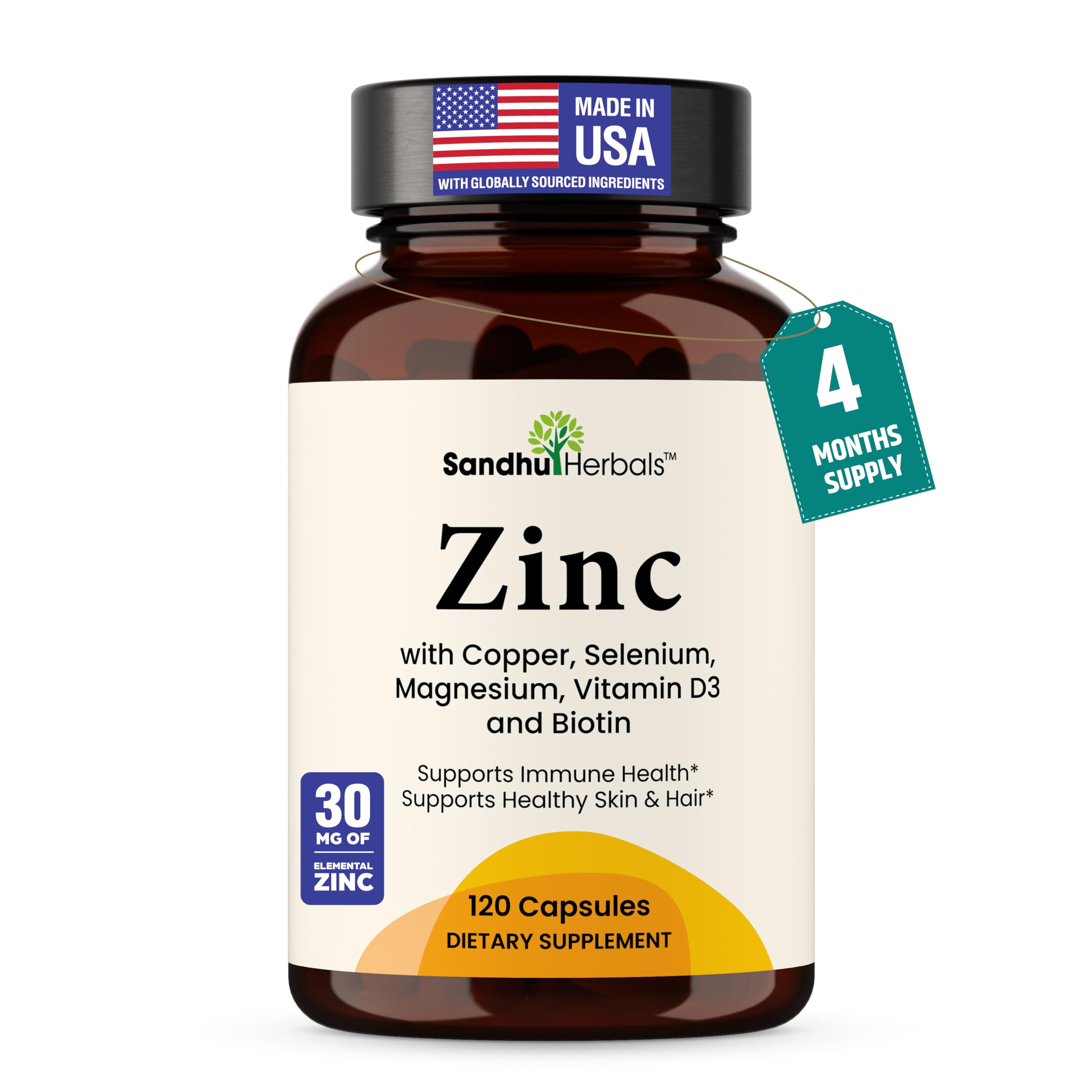 SANDHUHERBALS Zinc 30 mg cápsulas en botella para uso diario y apoyo general