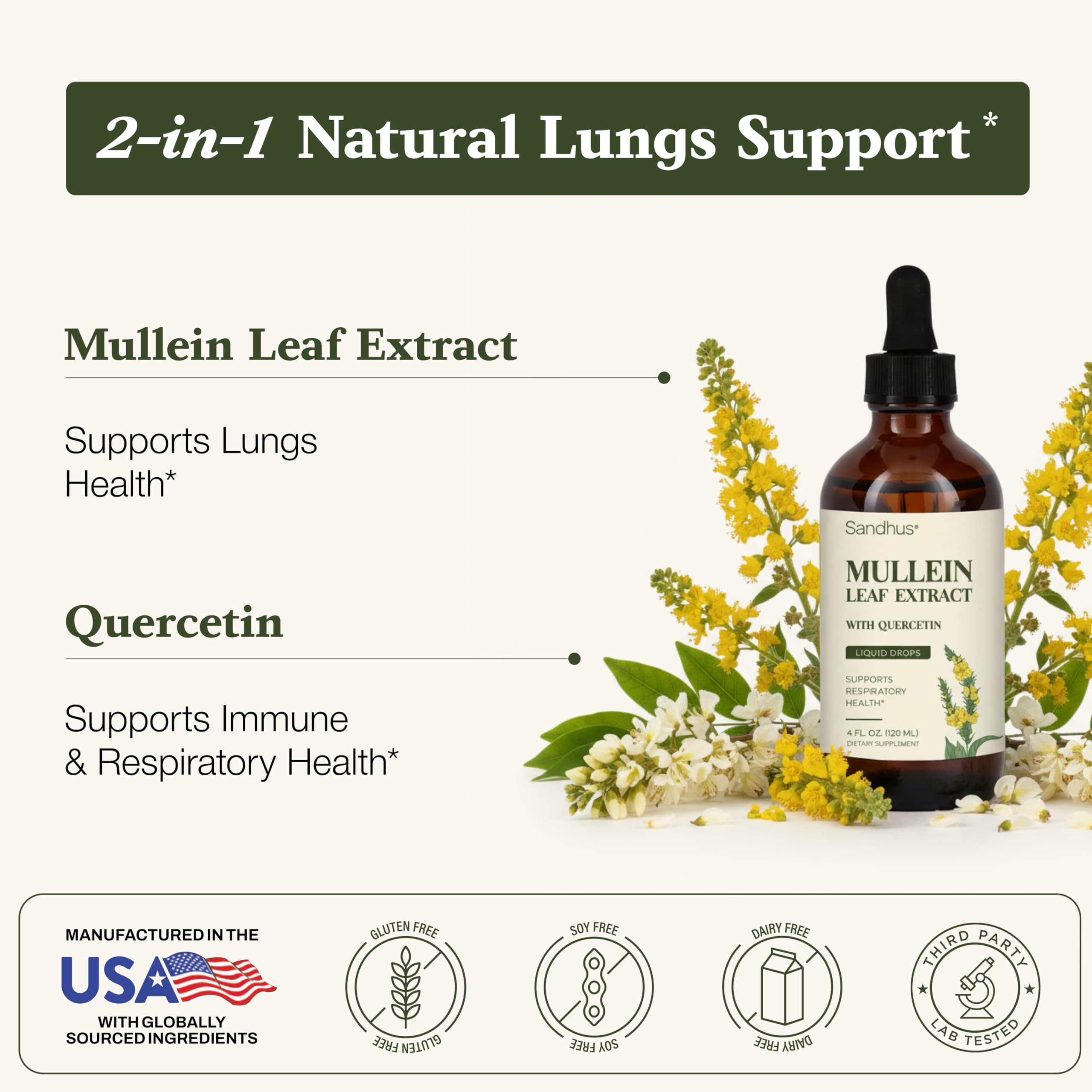 Etiqueta frontal de Sandhu's Gotas de Mullein con ingredientes naturales.