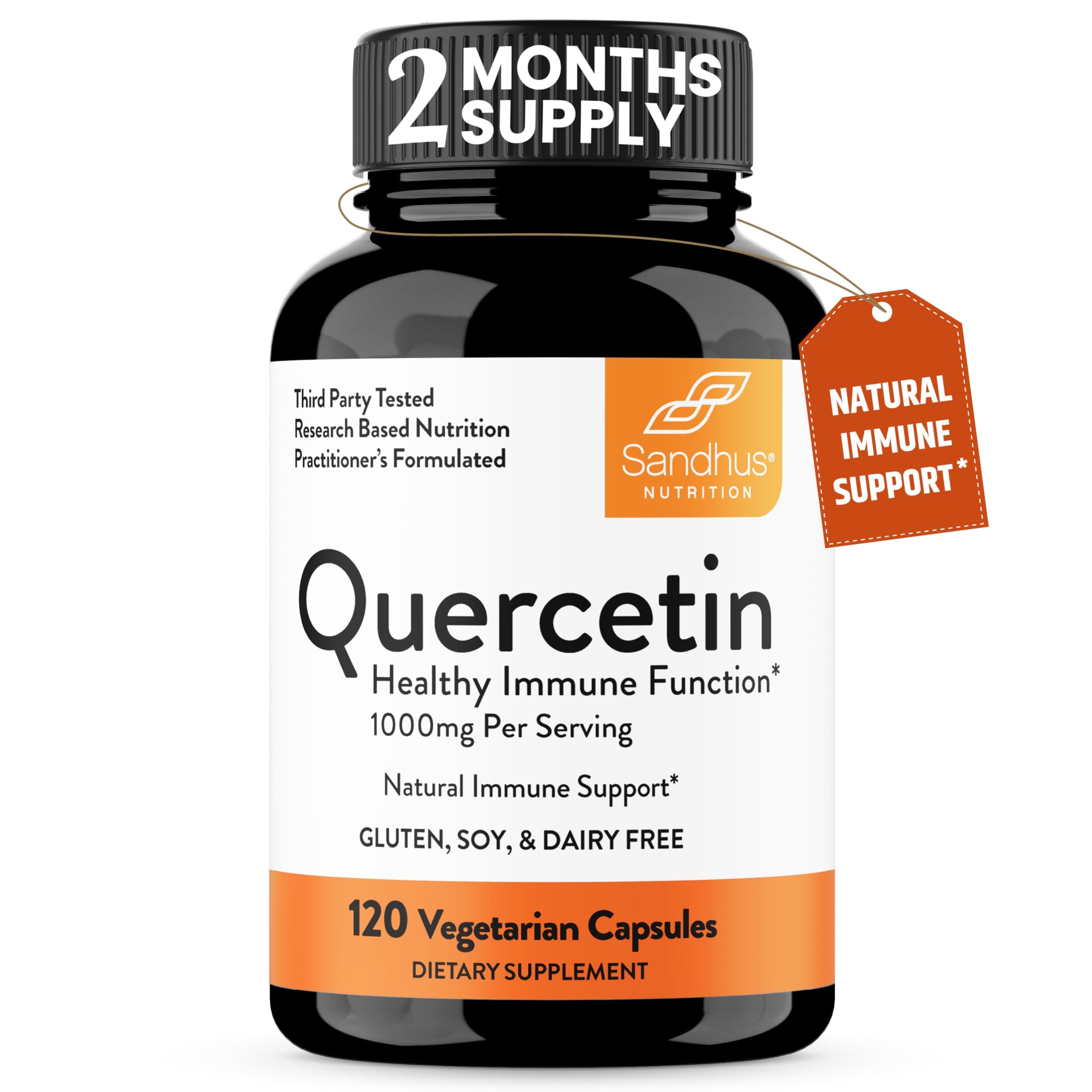 Sandhus Quercetina 500mg, botella frontal, claridad de dosis exacta