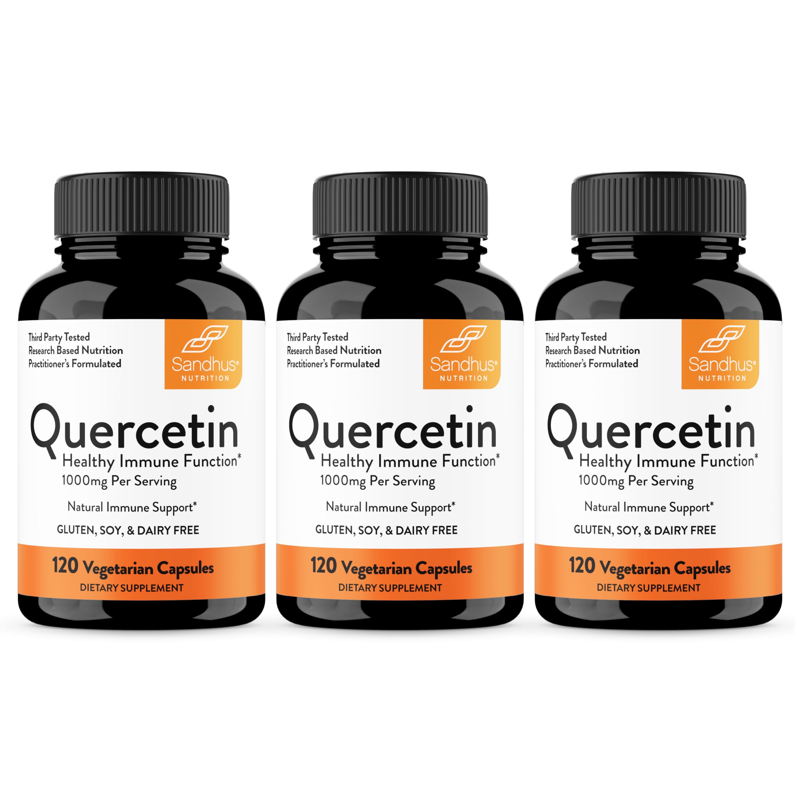 Sandhu's Quercetina: botella frontal con etiqueta clara y dosis de 500 mg por cápsula