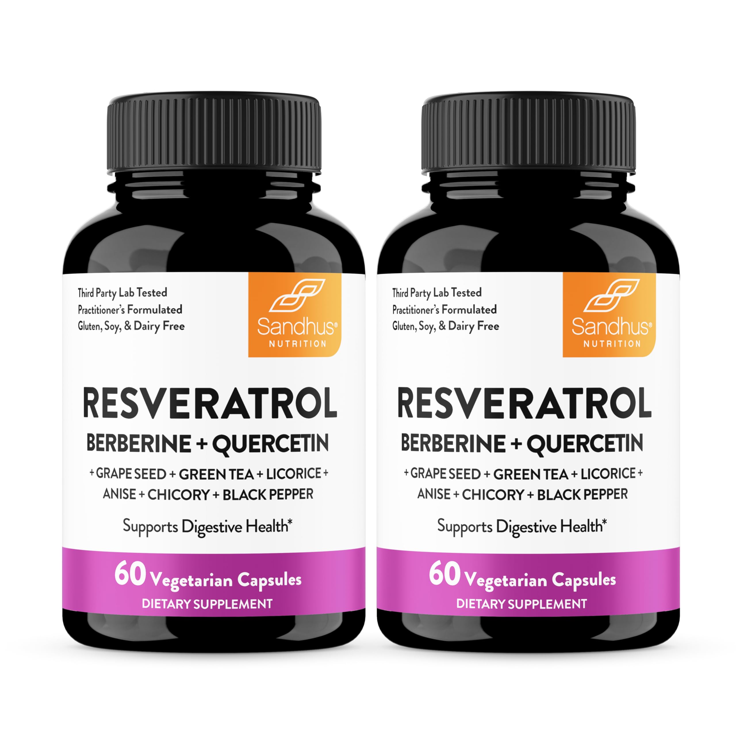 Sandhu's Resveratrol-Berberina: botella lista para apoyar la digestión diaria.