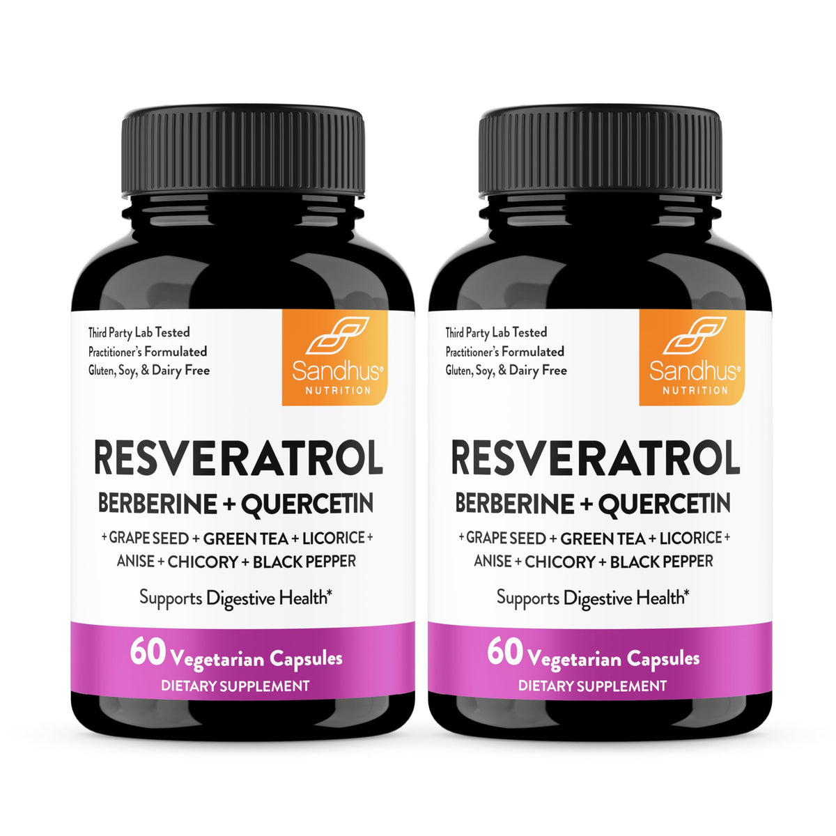 Sandhu's Resveratrol-Berberina: botella lista para apoyar la digestión diaria.