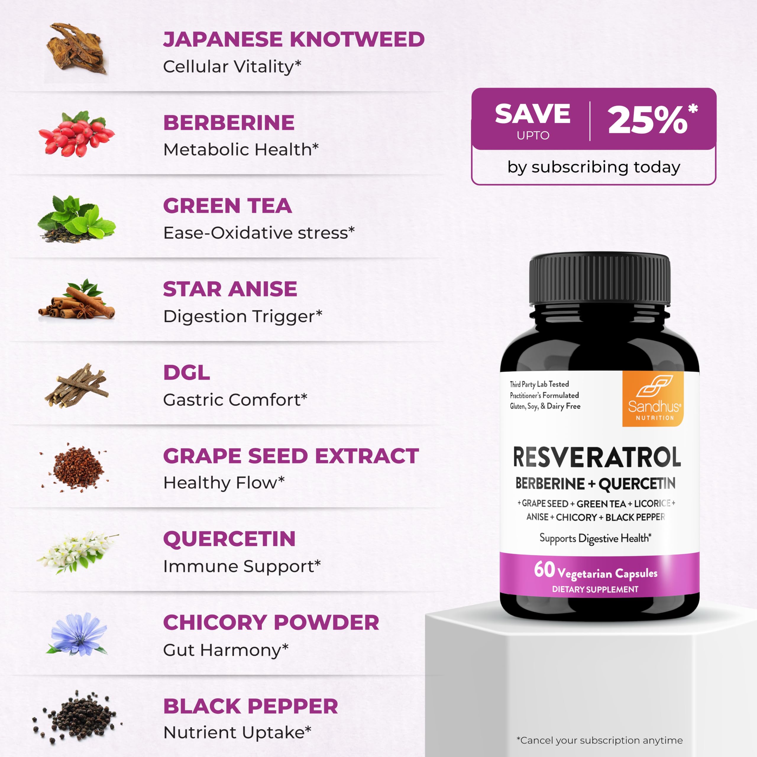 Sandhu's Resveratrol-Berberina: etiqueta clara con ingredientes clave para bienestar diario.