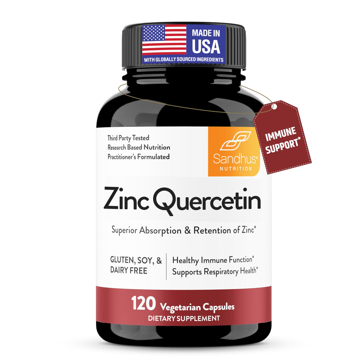 Sandhu's Zinc Quercetin, botella frontal, apoyo diario para la defensa inmunitaria.
