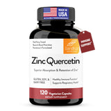 Sandhu's Zinc Quercetin, botella frontal, apoyo diario para la defensa inmunitaria.