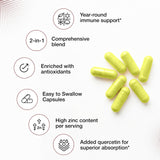 Sandhu's Zinc Quercetin, etiqueta clara que resalta ingredientes clave y beneficios potenciales.