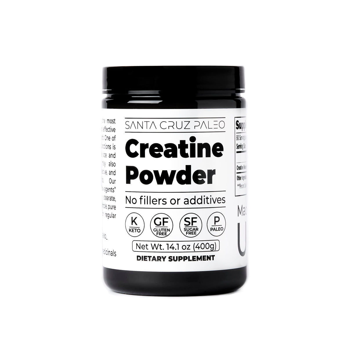 Santa Cruz Paleo creatina monohidrato, polvo sin sabor para mezcla rápida y uso diario.