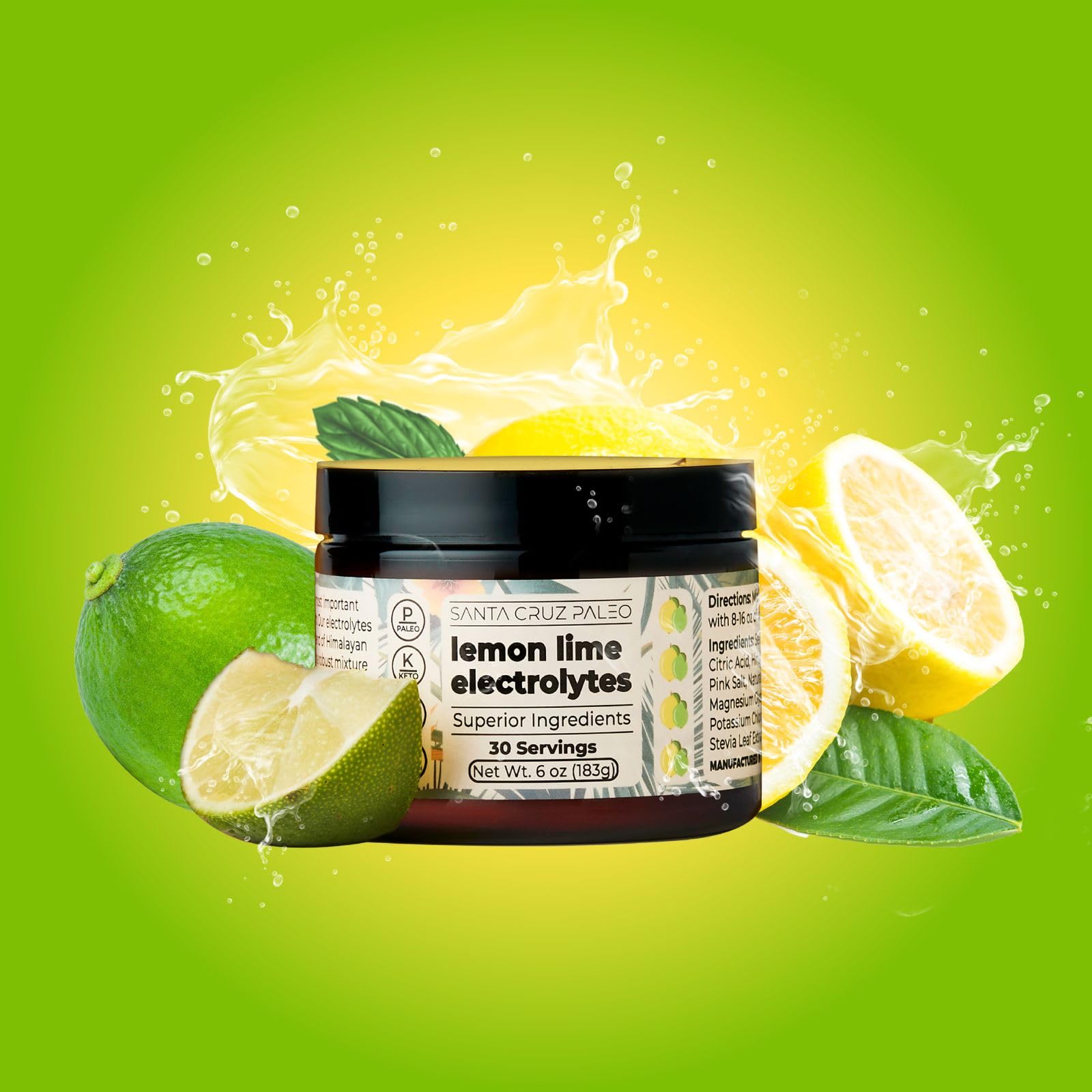 Santa Cruz Paleo electrolito en vaso, sabor limón-lima refrescante