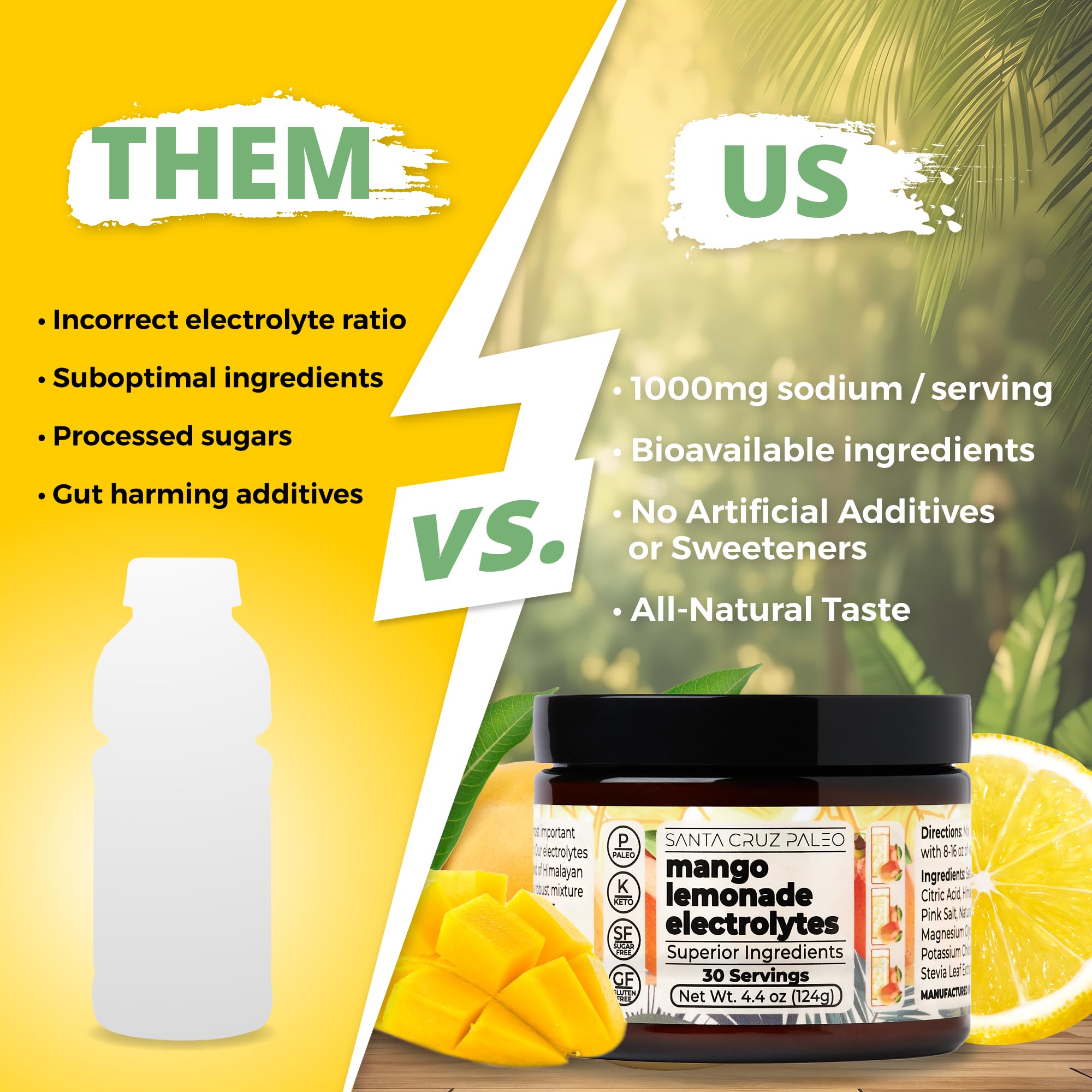 Santa Cruz Paleo Electrolyte Powder Mango Lemonade, disuelto en agua, sabor tropical sin azúcares.