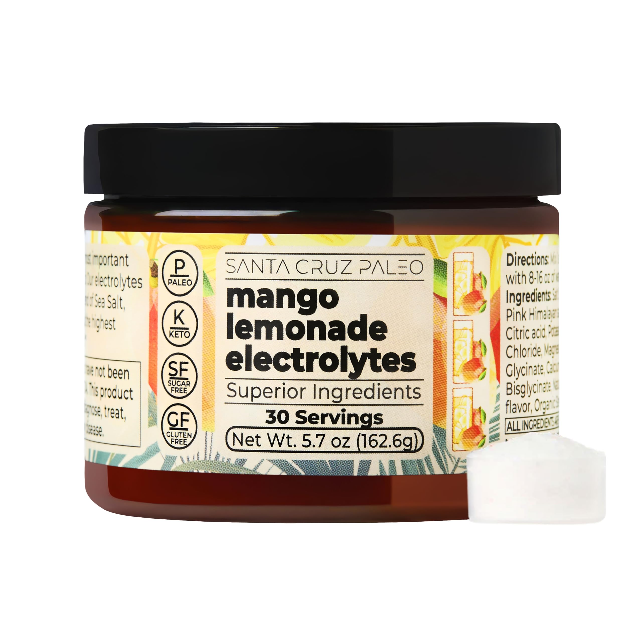 Santa Cruz Paleo Electrolyte Powder Mango Lemonade, envase visible, hidratación sana sin azúcares añadidos.