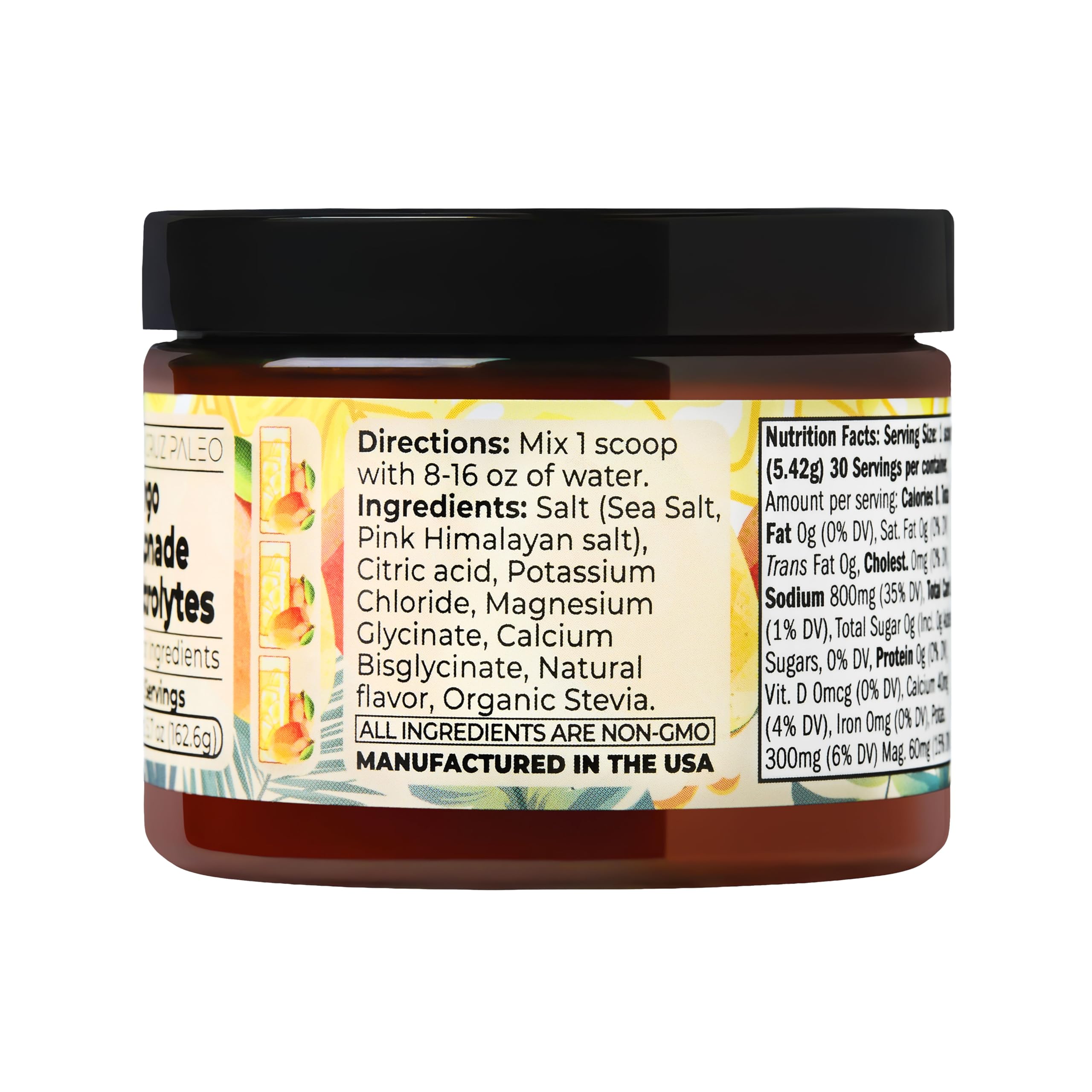 Santa Cruz Paleo Electrolyte Powder Mango Lemonade, listado de sales naturales y minerales para hidratación equilibrada.