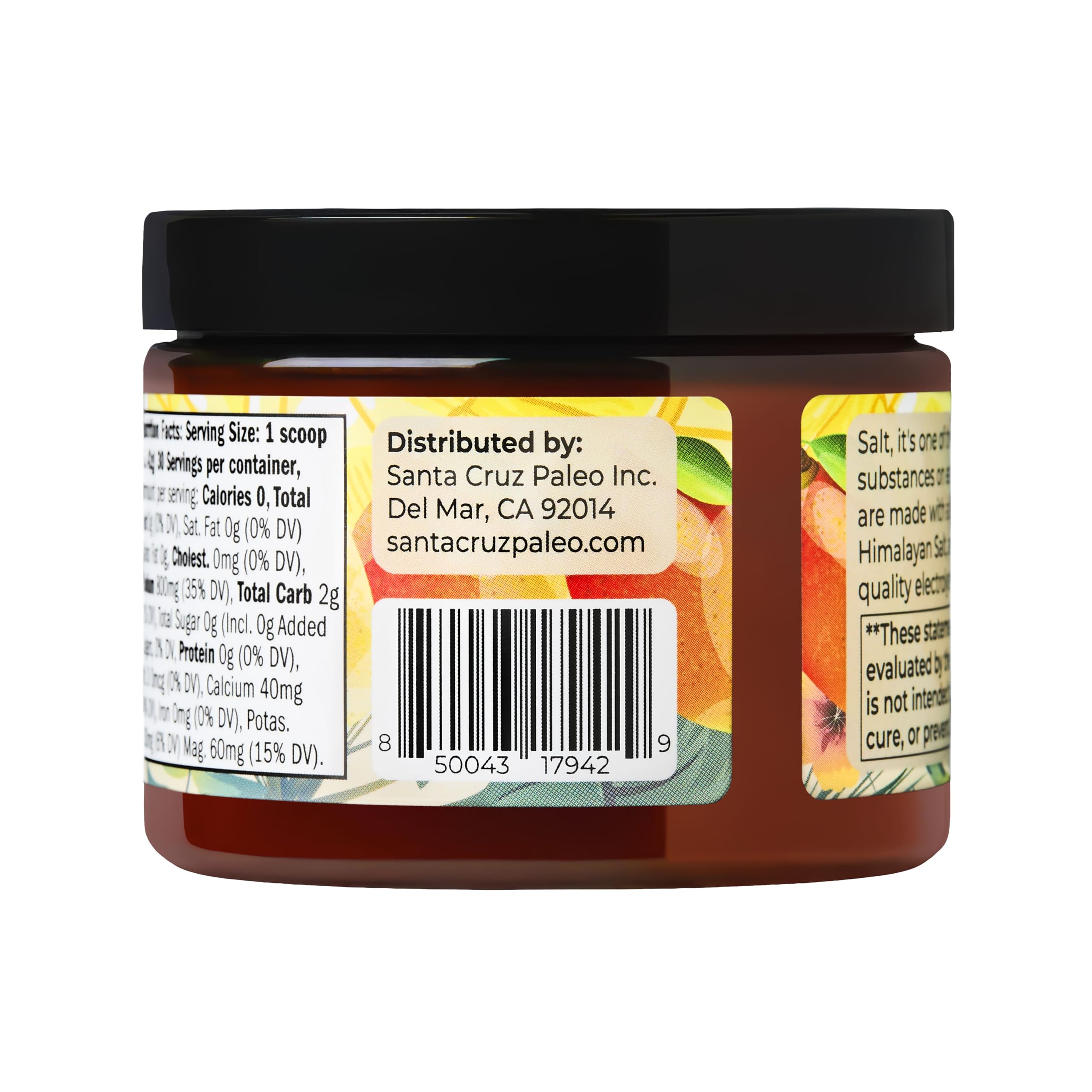 Santa Cruz Paleo Electrolyte Powder Mango Lemonade, sin azúcares añadidos ni edulcorantes artificiales.