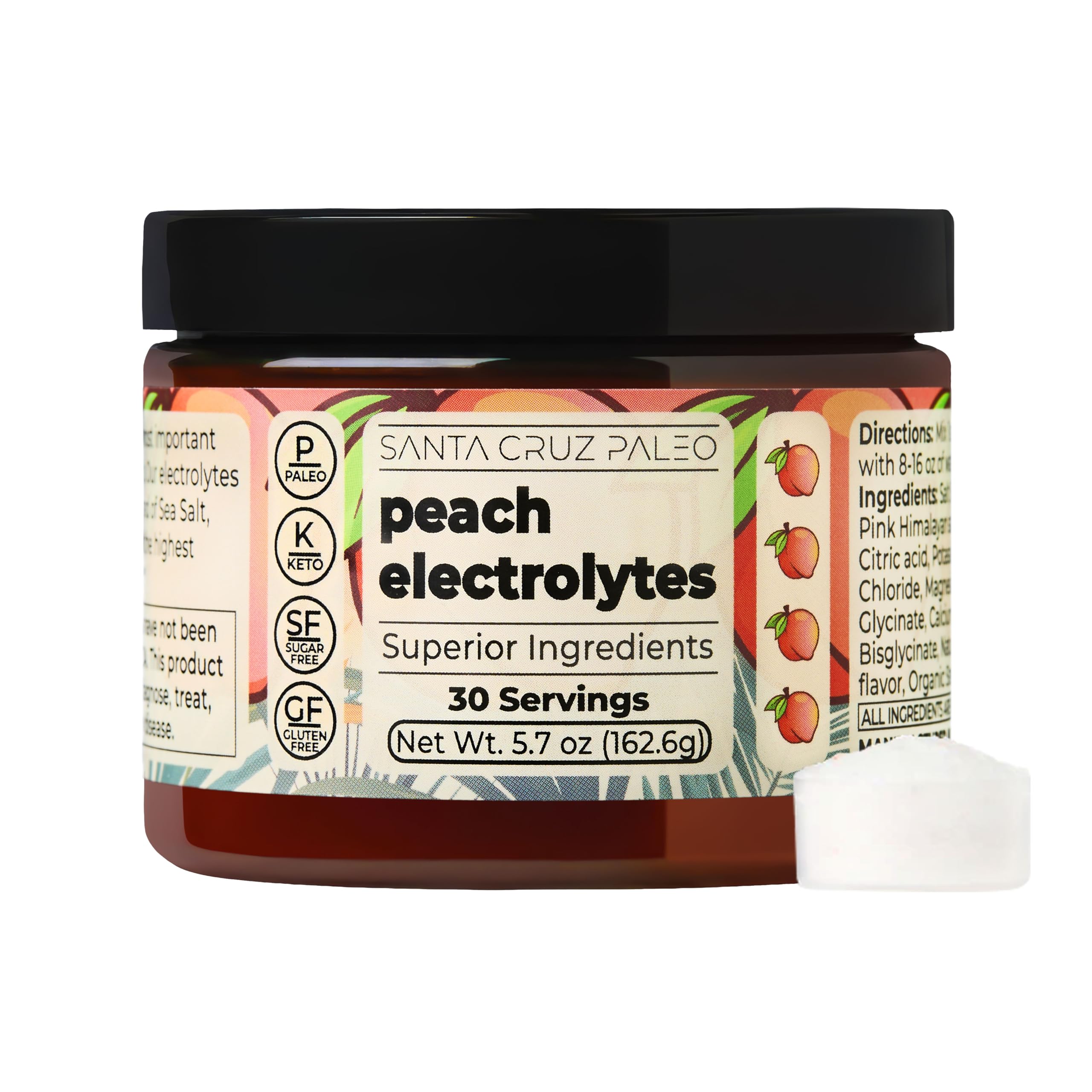 Santa Cruz Paleo Electrolyte Powder sabor durazno para hidratación agradable en frasco