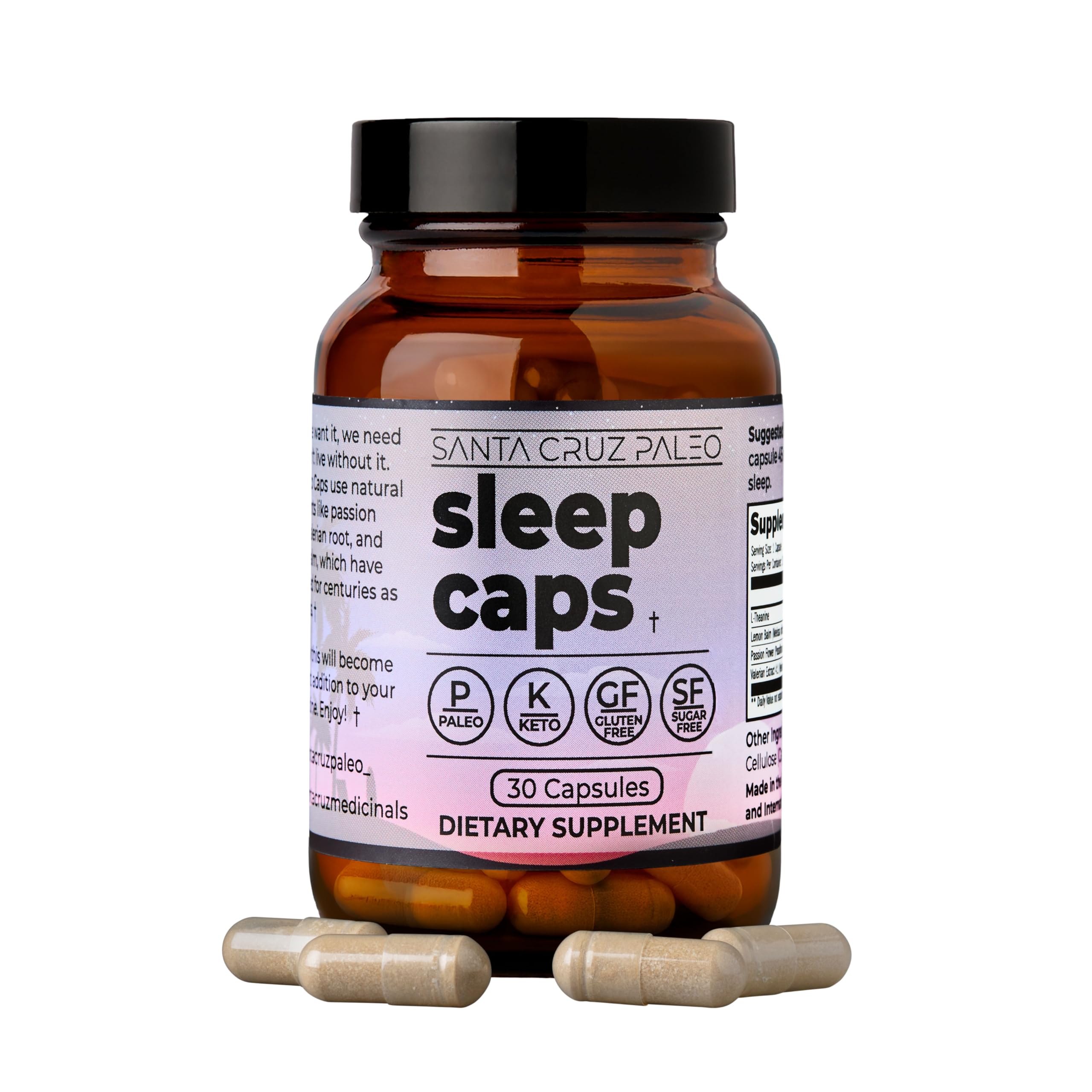 Santa Cruz Paleo Sleep Caps: botella de cápsulas para transición suave a la noche.
