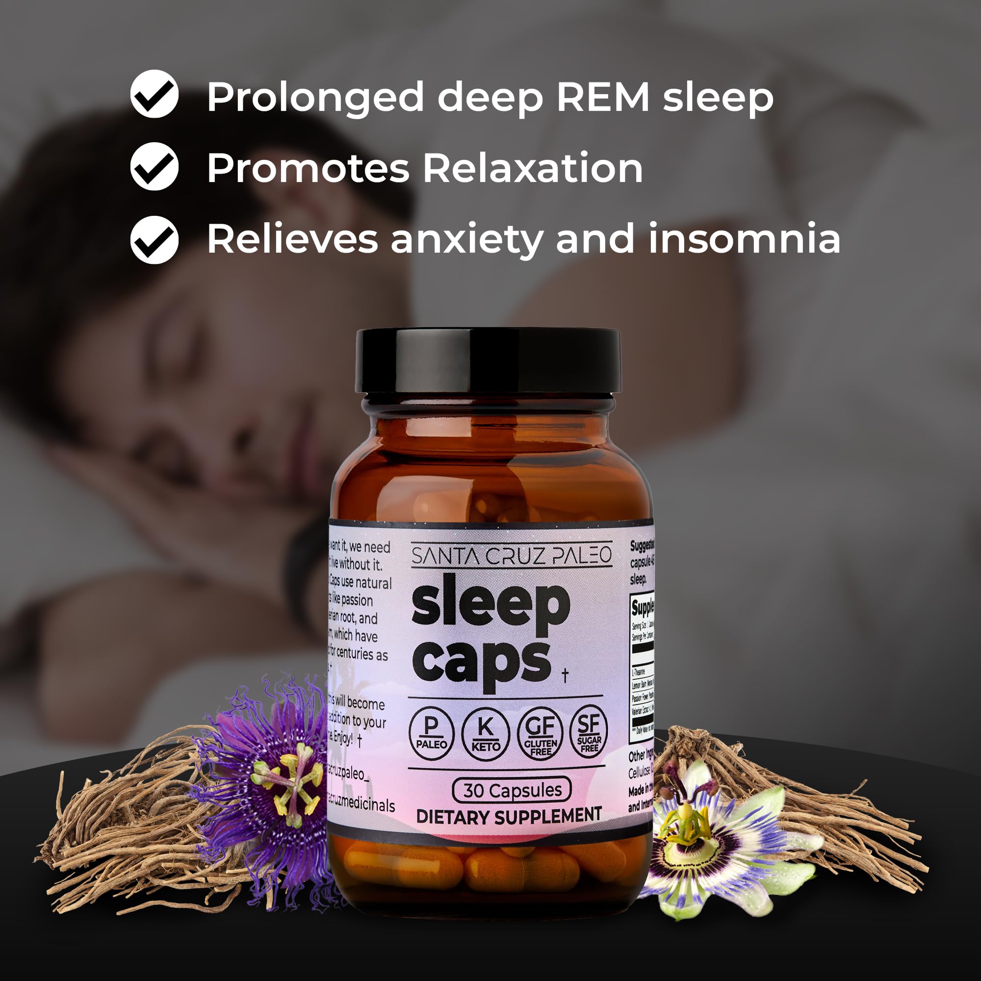 Santa Cruz Paleo Sleep Caps: cápsulas fáciles de tragar para apoyar un descanso nocturno.