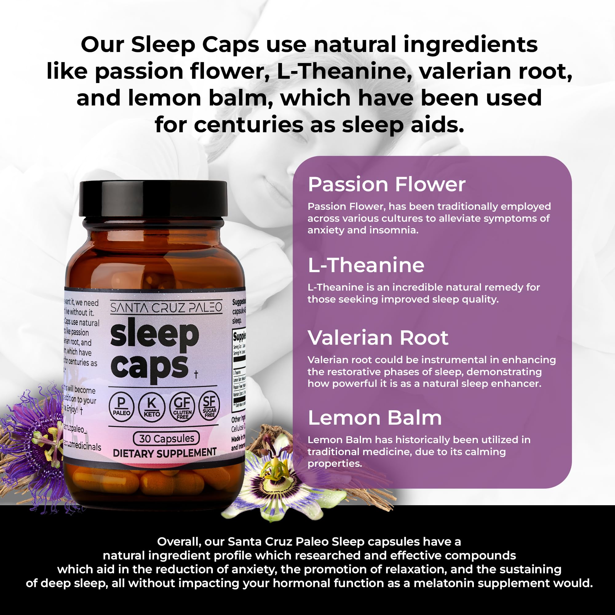 Santa Cruz Paleo Sleep Caps: etiqueta visible destacando L-teanina y valeriana para una noche relajada.