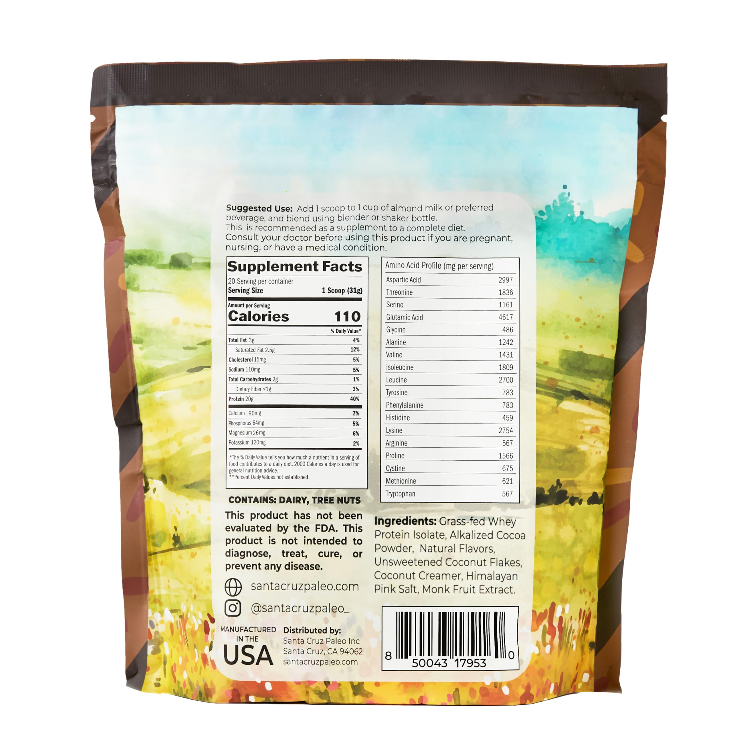Santa Cruz Paleo Whey Coco Galleta, mezcla cremosa, batido suave sin aditivos artificiales.