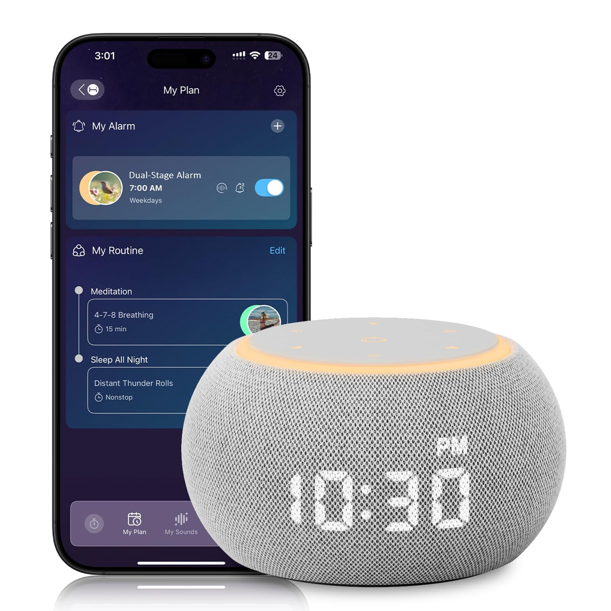 Santebee Luna Pro en mesa de noche con luz suave para dormir mejor