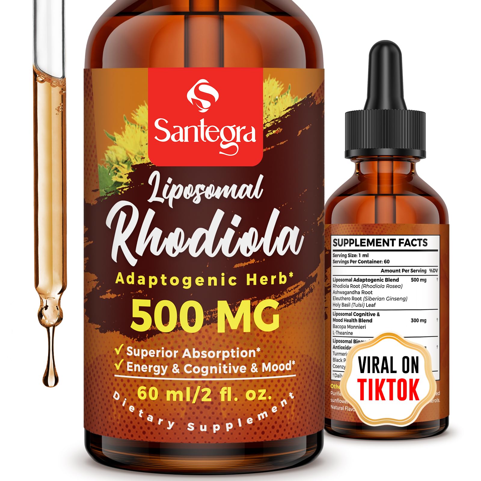 Santegra 57.000 mg rhodiola: botella vertiendo para uso diario.