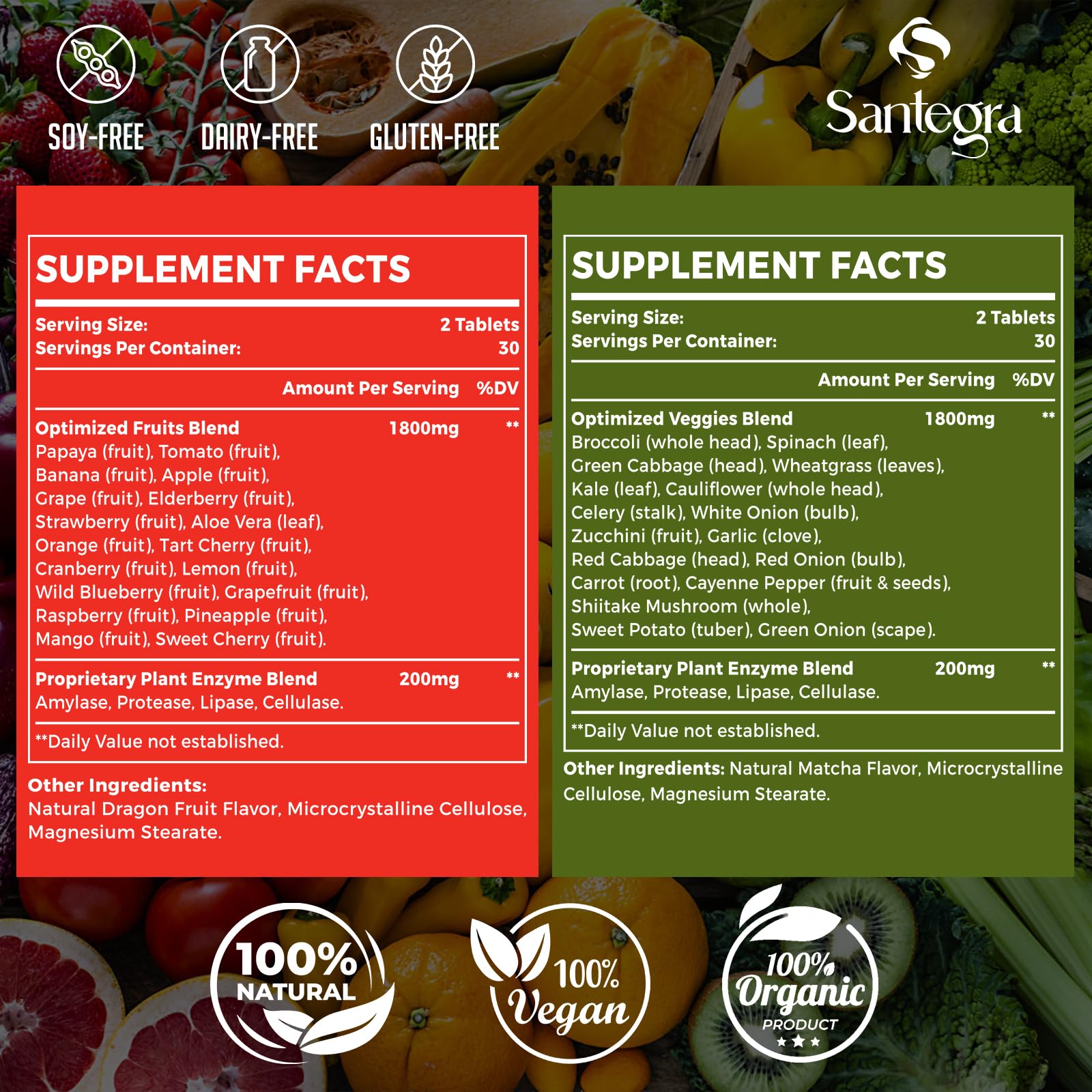 Santegra: tabletas-fruta-verdura, conveniencia diaria para una ingesta equilibrada.