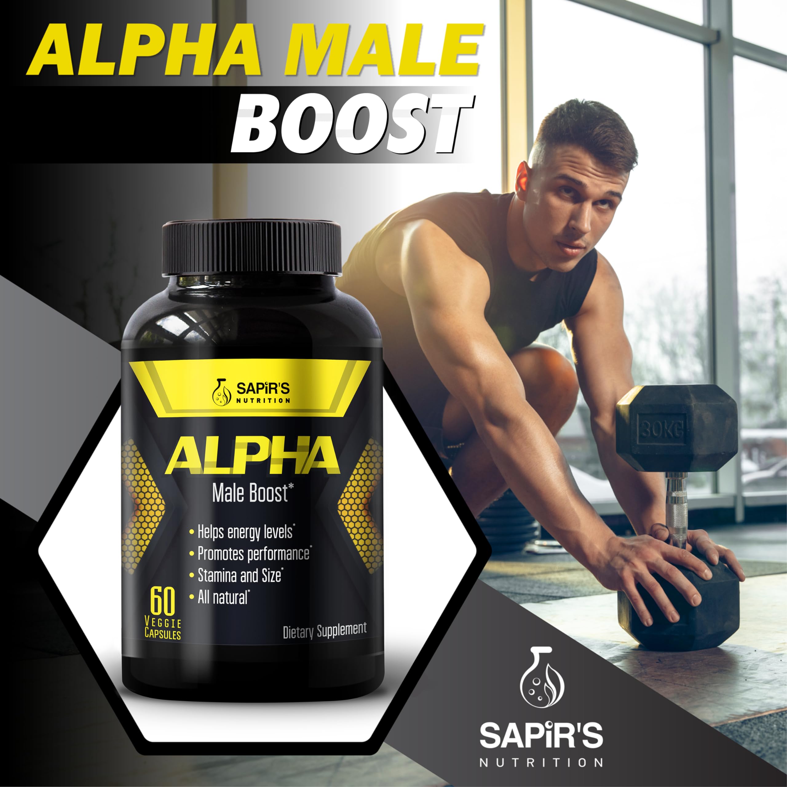 Sapirs Nutrition Alpha Booster: botella en primer plano para energía diaria