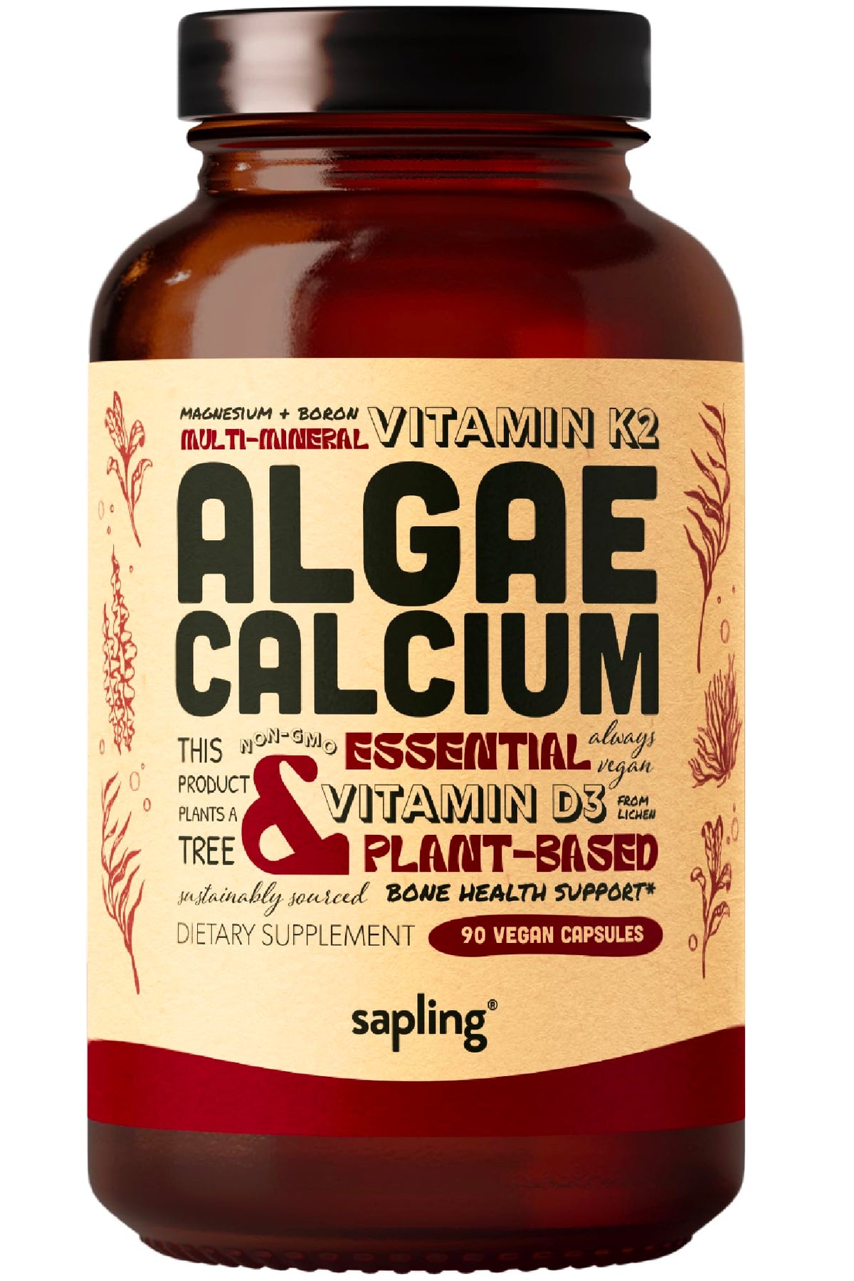Sapling Calcio vegano de algas rojas con K2 y D3 para la salud ósea diaria.