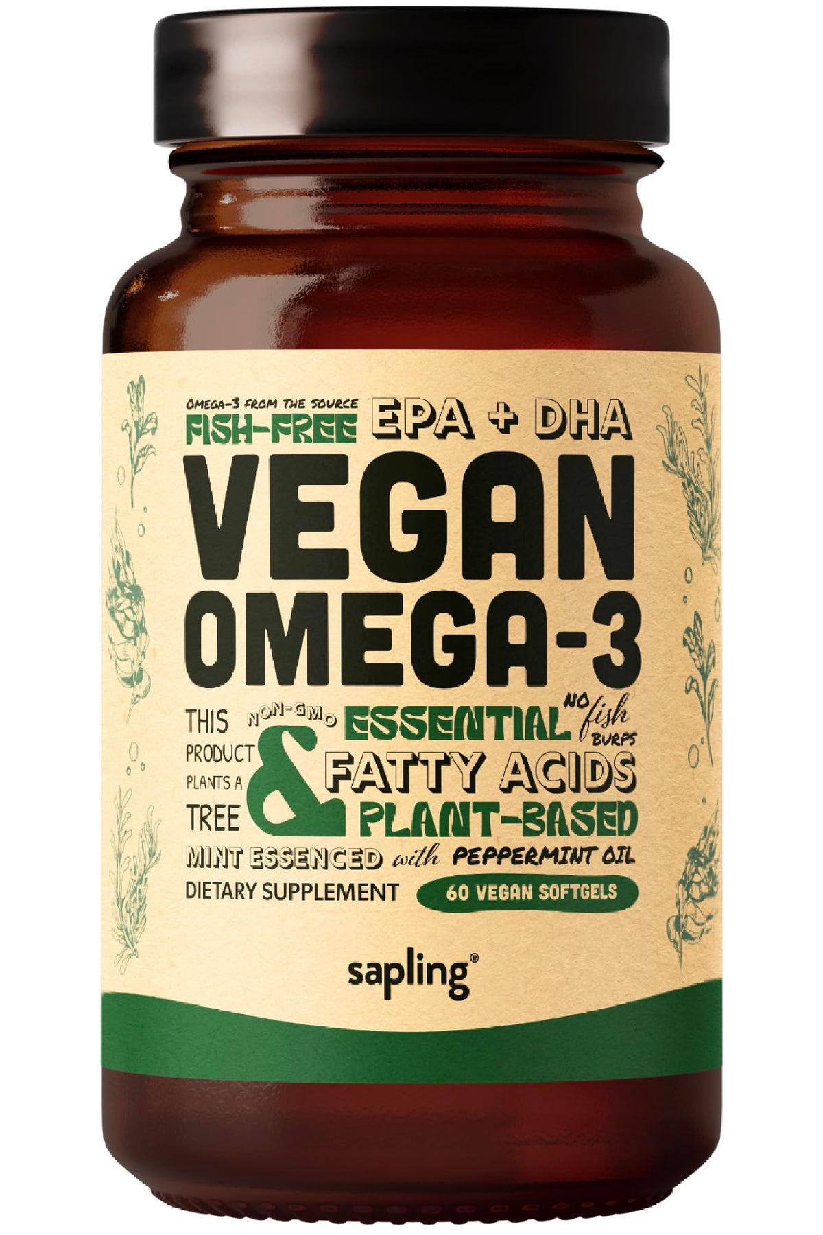 Sapling Omega3 de algas, bote alga: fuente vegetal de DHA y EPA para bienestar diario.