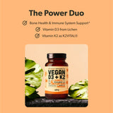sapling Vitamina D3 y K2, botella trasera, información clara sobre ingredientes vegetales.