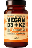 sapling Vitamina D3 y K2, botella frontal, apoyo potencial a la absorción de calcio.