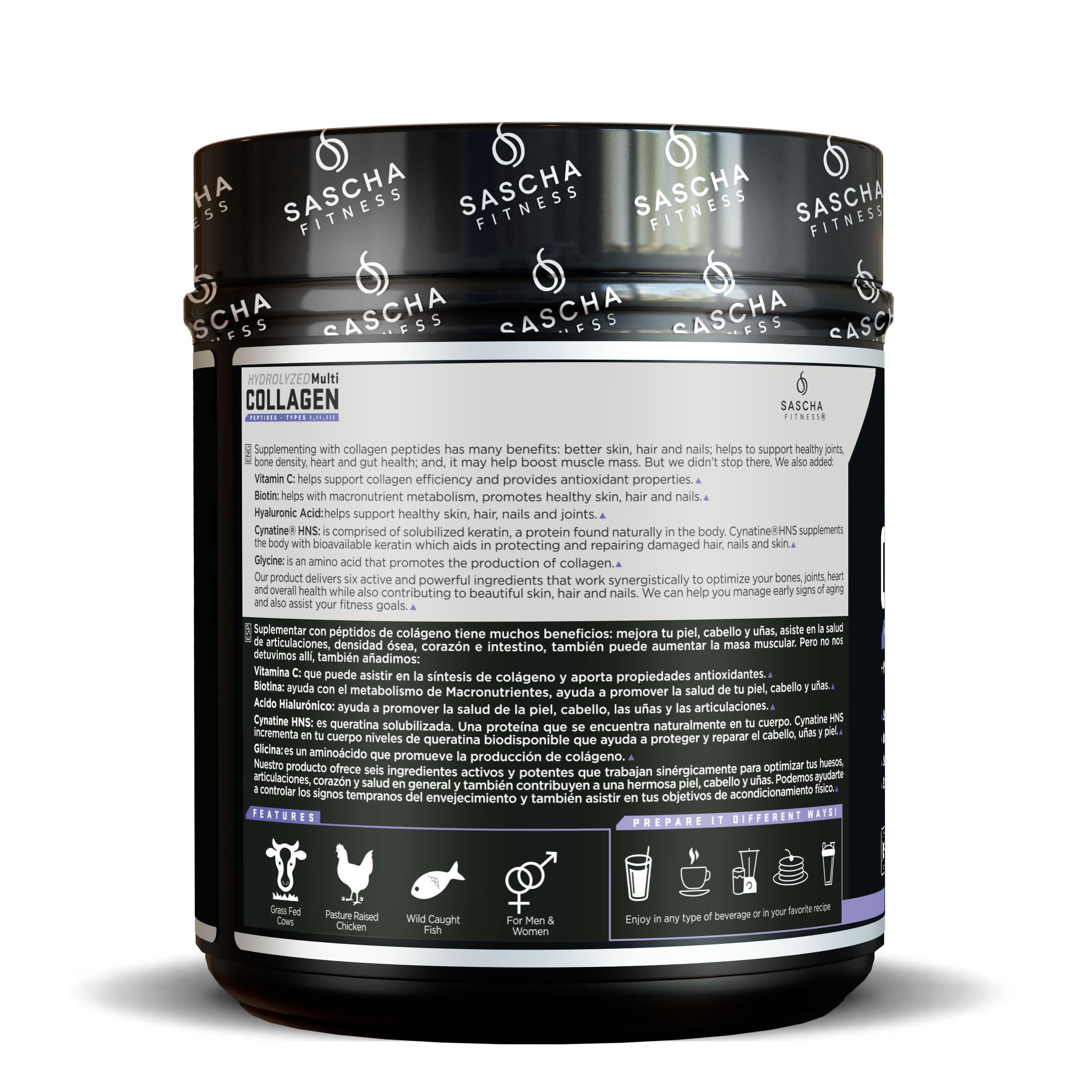 SASCHA FITNESS Colágeno en polvo con dosificador chocolate, ideal para huesos y articulaciones.