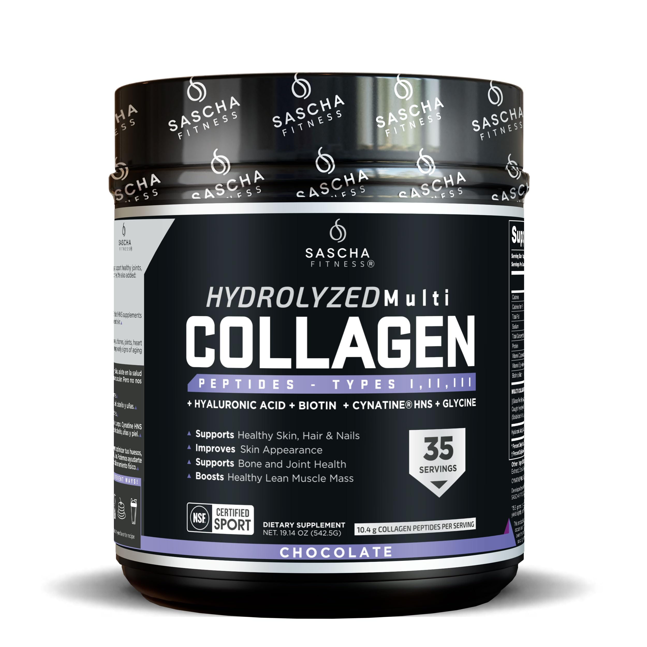 SASCHA FITNESS Colágeno hidrolizado multi-tipos en bote chocolate para piel y cabello.