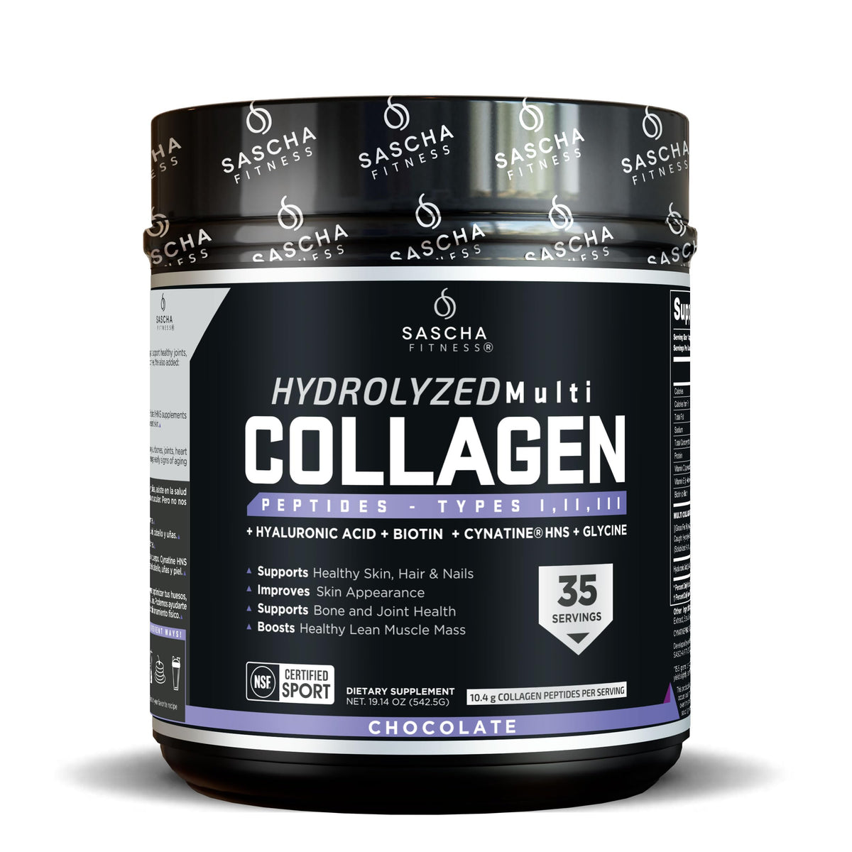 SASCHA FITNESS Colágeno hidrolizado multi-tipos en bote chocolate para piel y cabello.