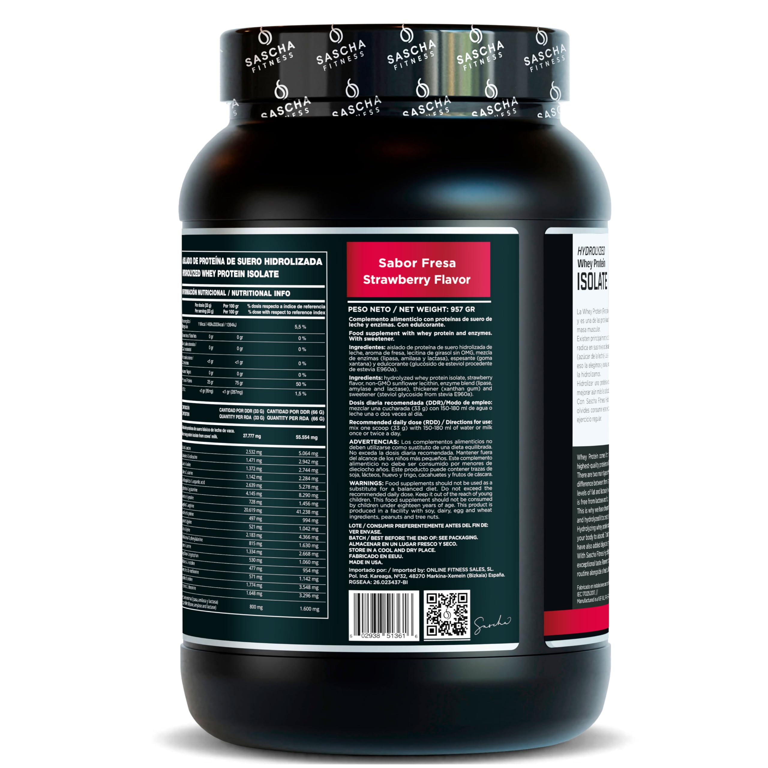 Etiqueta del envase SASCHA FITNESS sabor fresa con información de beneficios