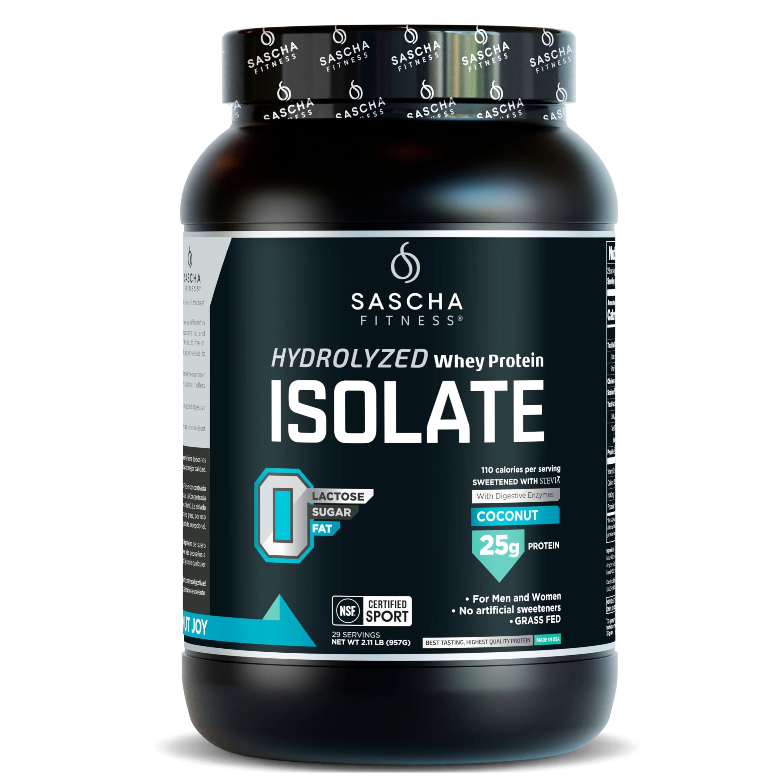 SASCHA FITNESS hydrolyzed whey protein isolate coconut 2lb tub — fast-absorbing post-workout fuel.