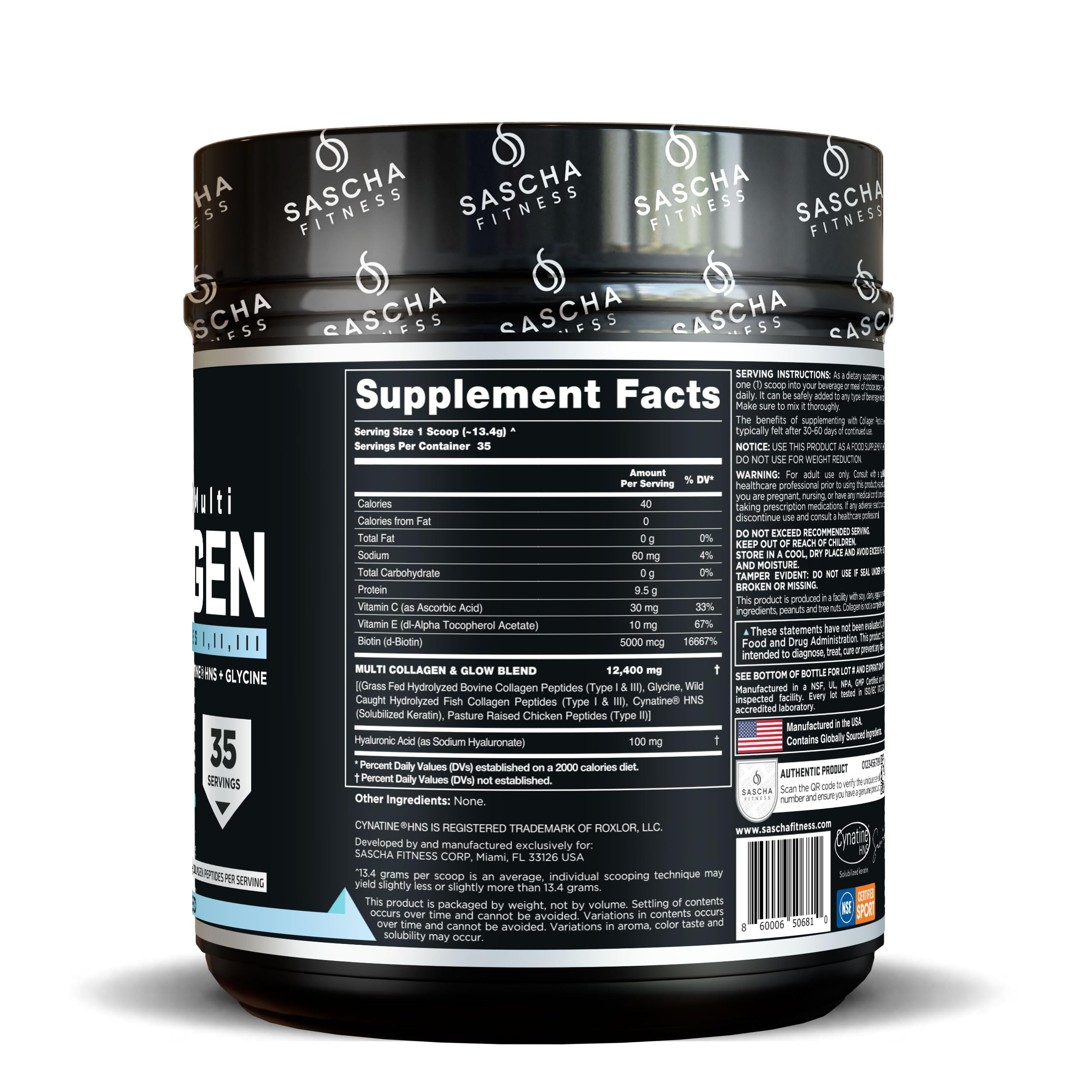 Etiqueta frontal de SASCHA FITNESS mostrando ingredientes y beneficios