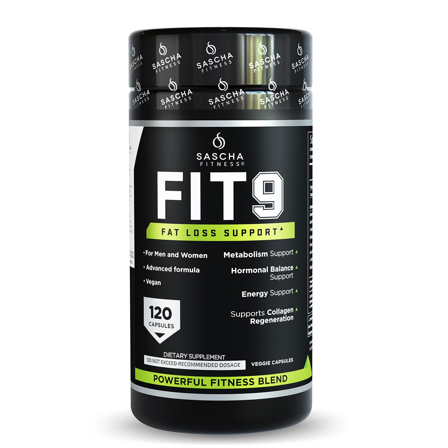Sascha Fitness píldoras para pérdida de grasa en botella, apoyo natural.